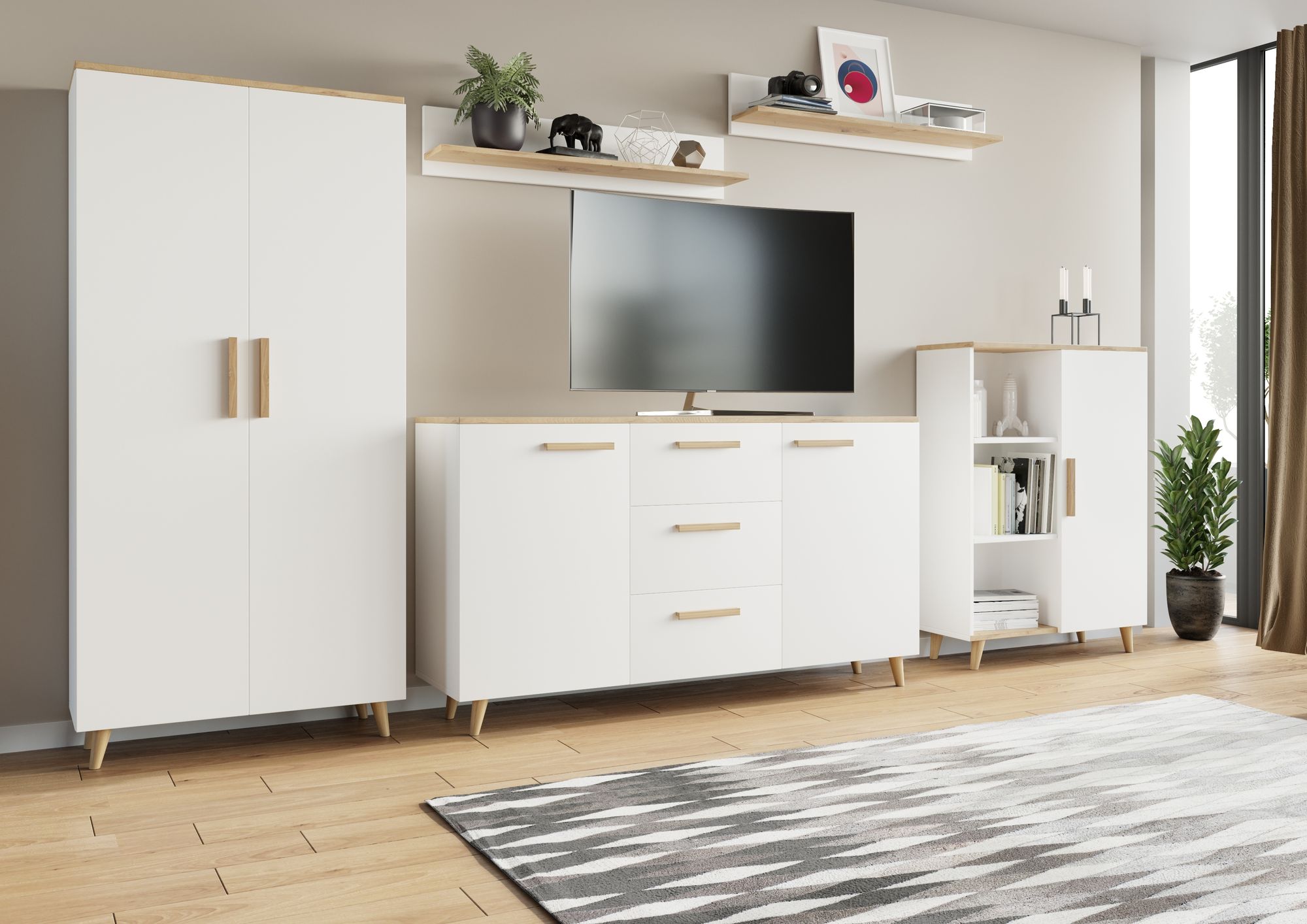 Meblościanka Lund dąb artisan - biały, Meble do salonu, pokoju, Zestaw mebli, Styl skandynawski, Nowoczesne meble, komplet