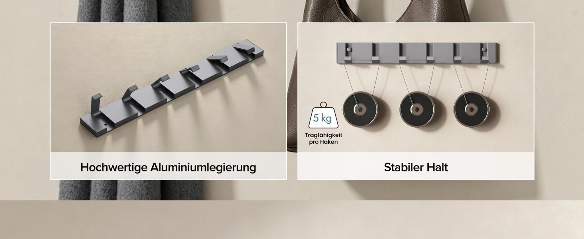 doporro Garderobenhaken Wand Moderne Wandgarderoben aus Aluminium Garderobenleiste klappbar kleiderhaken mit 4 Beweglichen Haken Wandhaken Grau