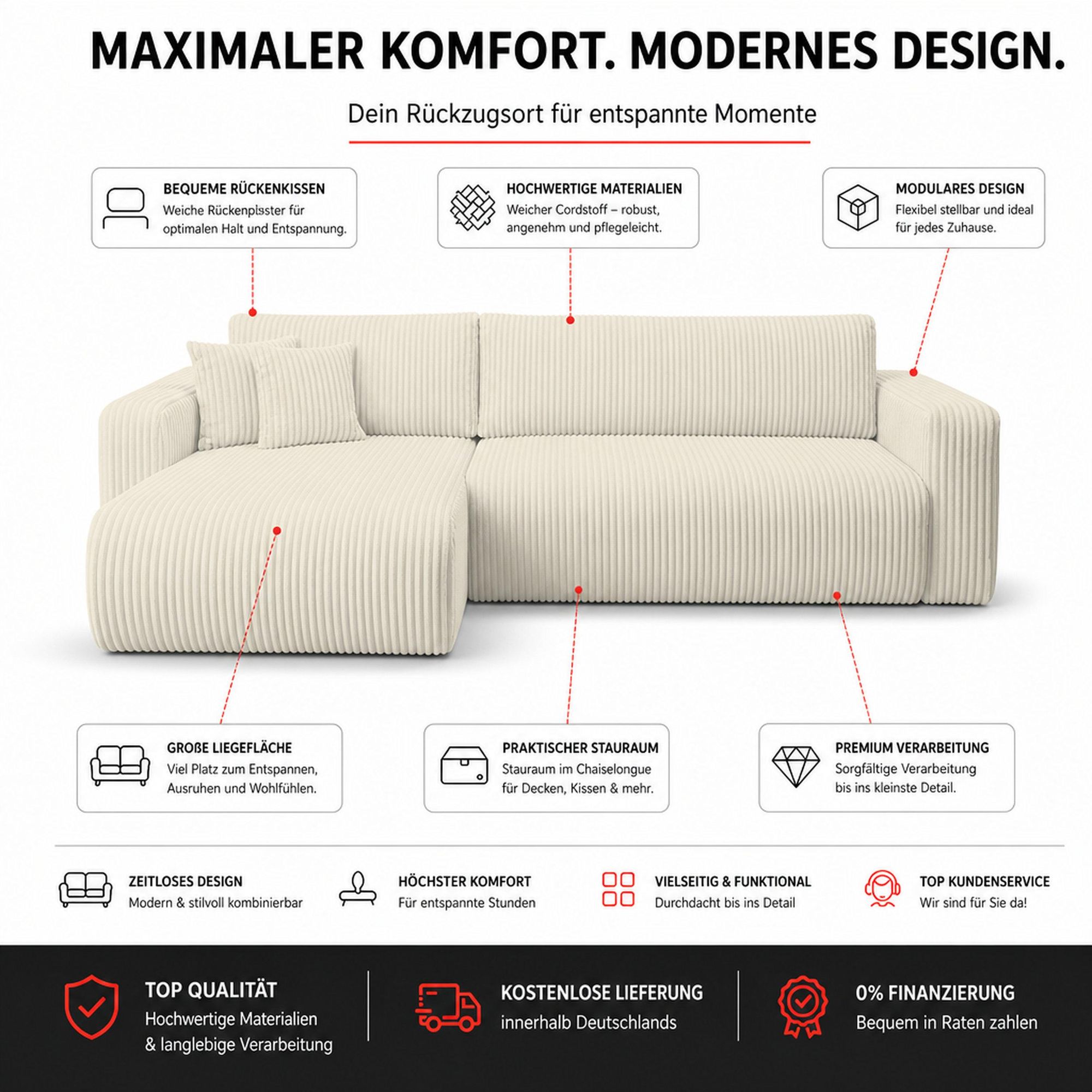 VENASI TILLY Universell Ecksofa mit Schlaffunktion und Bettkasten Cord BRAUN Schlafsofa Sofa