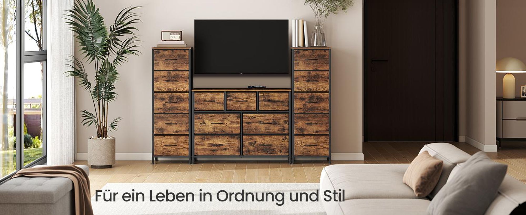 SONGMICS Kommode, Schrank, 5 Stoffschubladen, für Schlafzimmer, Flur, Wohnzimmer, braun-schwarz