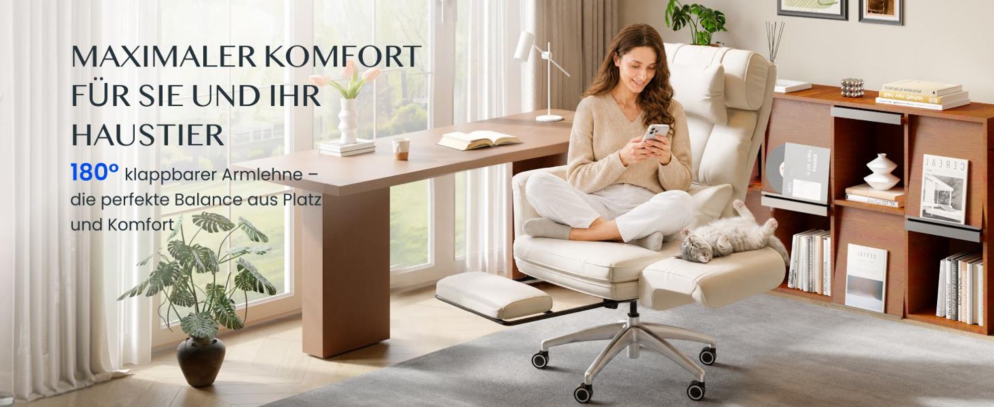 FLEXISPOT Ergonomischer Bürostuhl, 180° klappbare Armlehnen, aus kratzfestem Kunstleder, höhenverstellbare Kopfstütze, 90–130° verstellbar, Beige