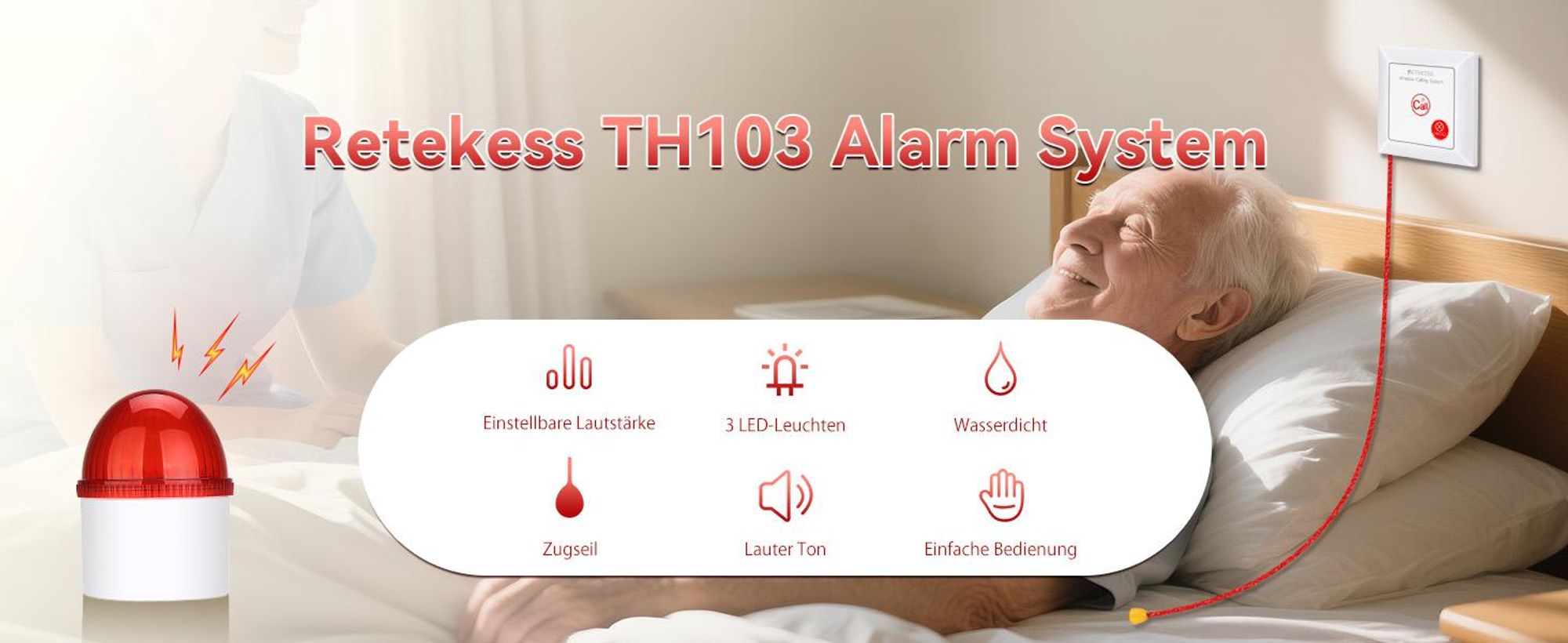 Retekess TH103 Alarmsystem Hausnotruf, Ton- und Lichtrufsystem, Wasserdichte IP54-Ruftaste mit SOS-Kabel, für ältere Menschen,Notrufknopf für Senioren