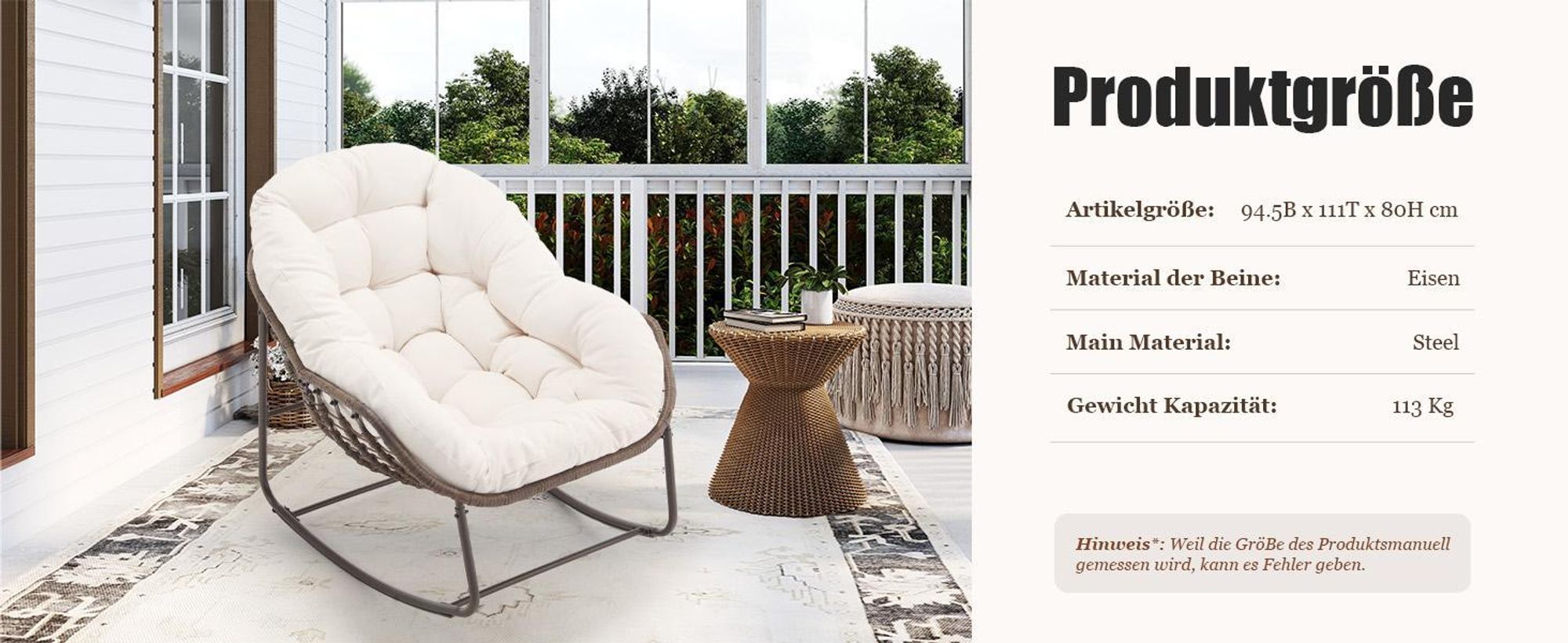 LVHOM Schaukelsessel Garten mit Kissen, 2 Stk. Rattanstühle mit Stahlrahmen, Schaukelstuhl Lounge-Schaukelsessel, Sessel für Balkon, Creme-Weiß