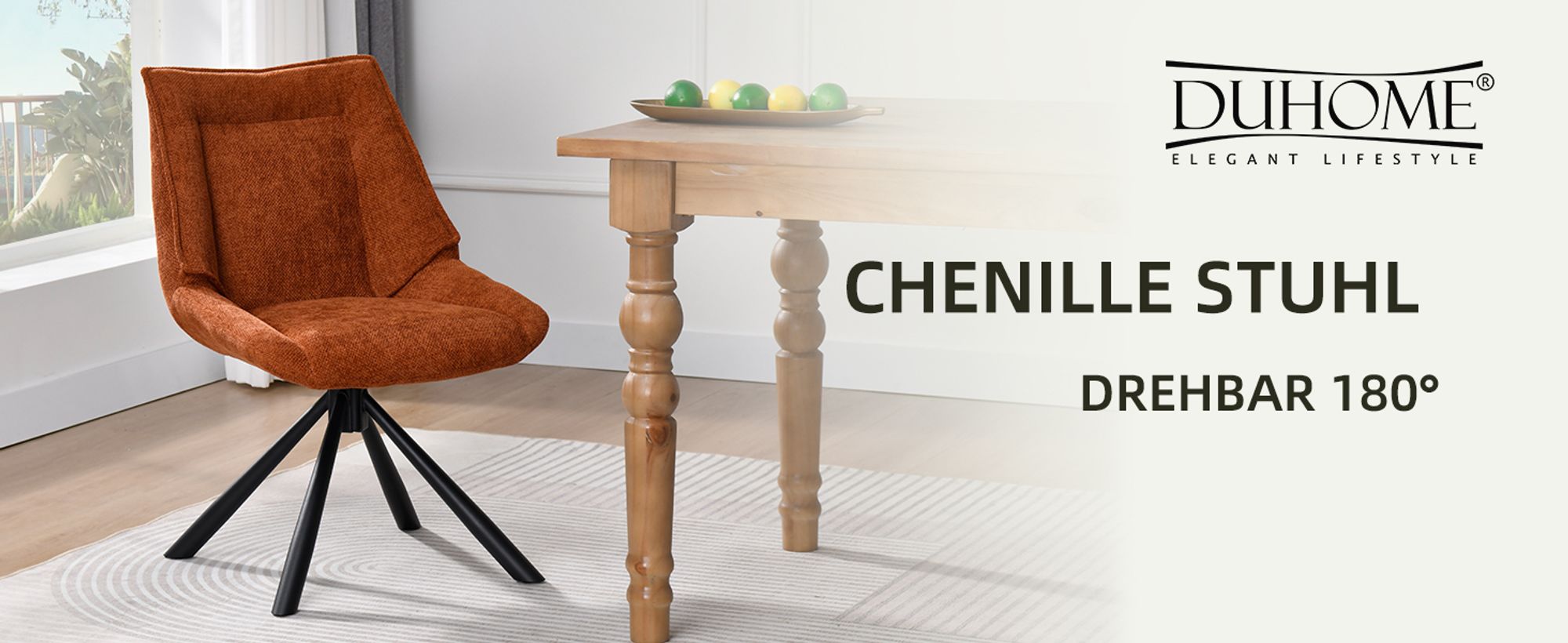 Duhome Esszimmerstuhl Ergonomischer Küchenstuhl 180° drehbar Stuhl aus Chenille Stoff und Metallgestell Loungestuhl mit Rückstellfunktion, Orange