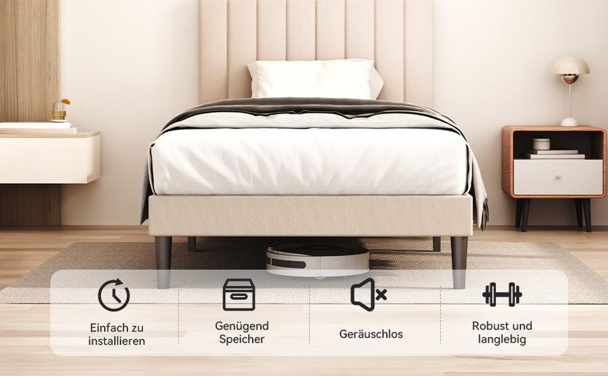 Polsterbett 90x200 cm, Bettgestell mit Höhenverstellbarem Kopfteil und Lattenrost, Stabiler Bettrahmen, Bis 300 kg, Gepolstertes Bett, Beige