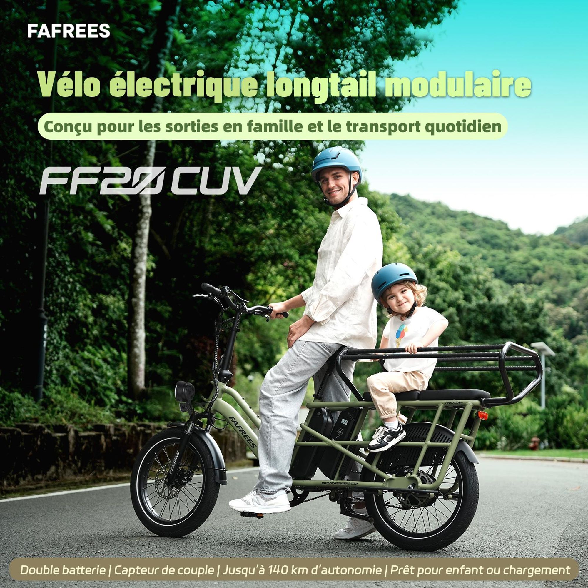 Siège enfant double arrière FAFREES FF20 CUV pour vélo électrique 24AH, 0-12 ans, charge 100kg acier antirouge-noir