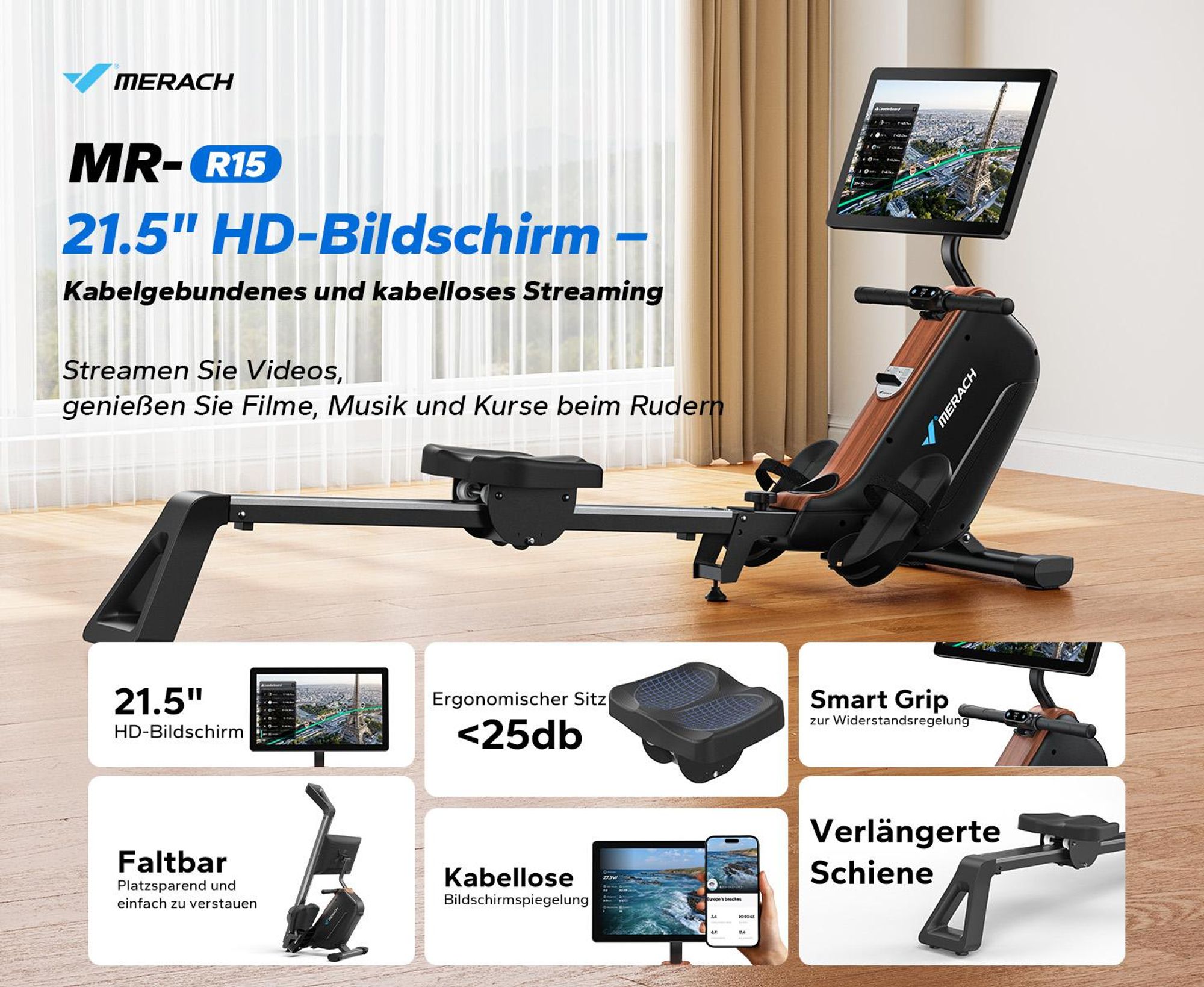 Rudergerät für Zuhause, leises Fitnessgerät mit 16 Widerstandsstufen, HD-Display, automatischer Magnetwiderstand, einfache Montage, bis 158 kg