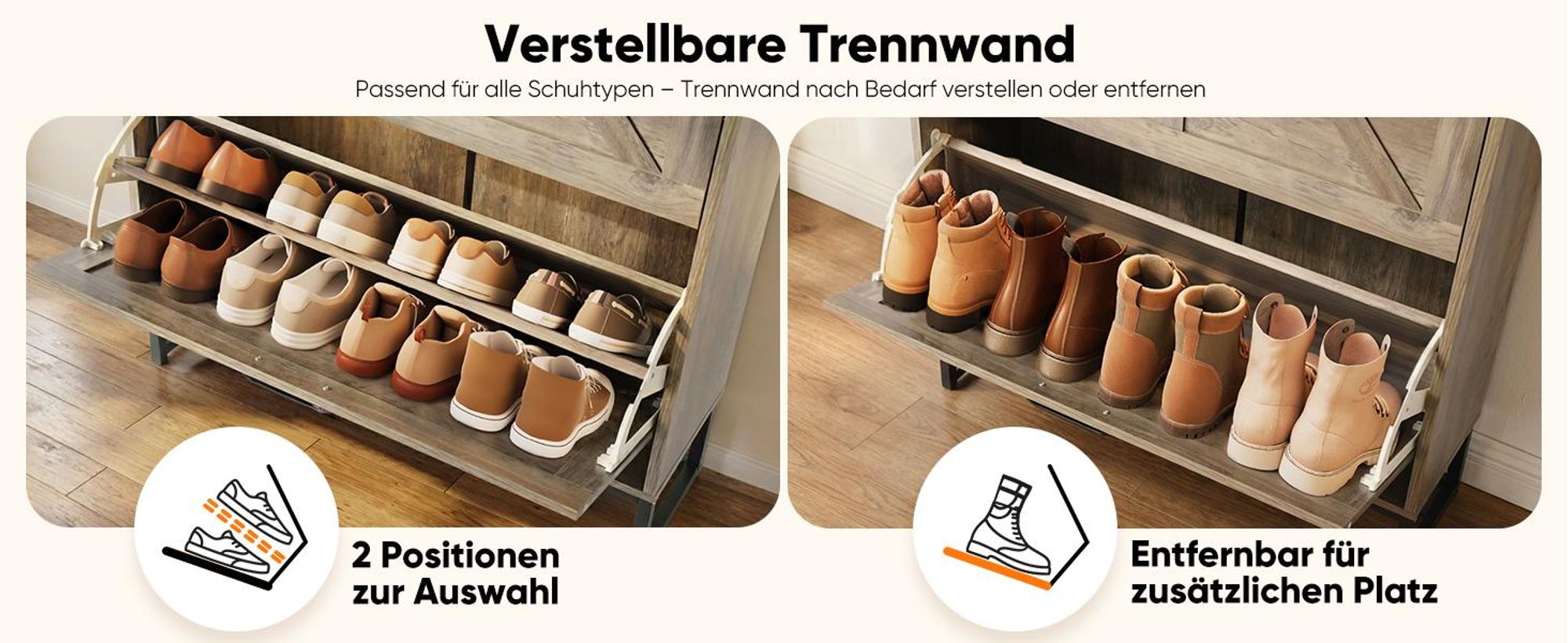 HOKEEPER Schuhschrank 2 Klappen, Schuhkipper, Shoe Cabinet, freistehendes schmales Schuhregal, Schuhkommode für Eingangsbereich, Landhausstil