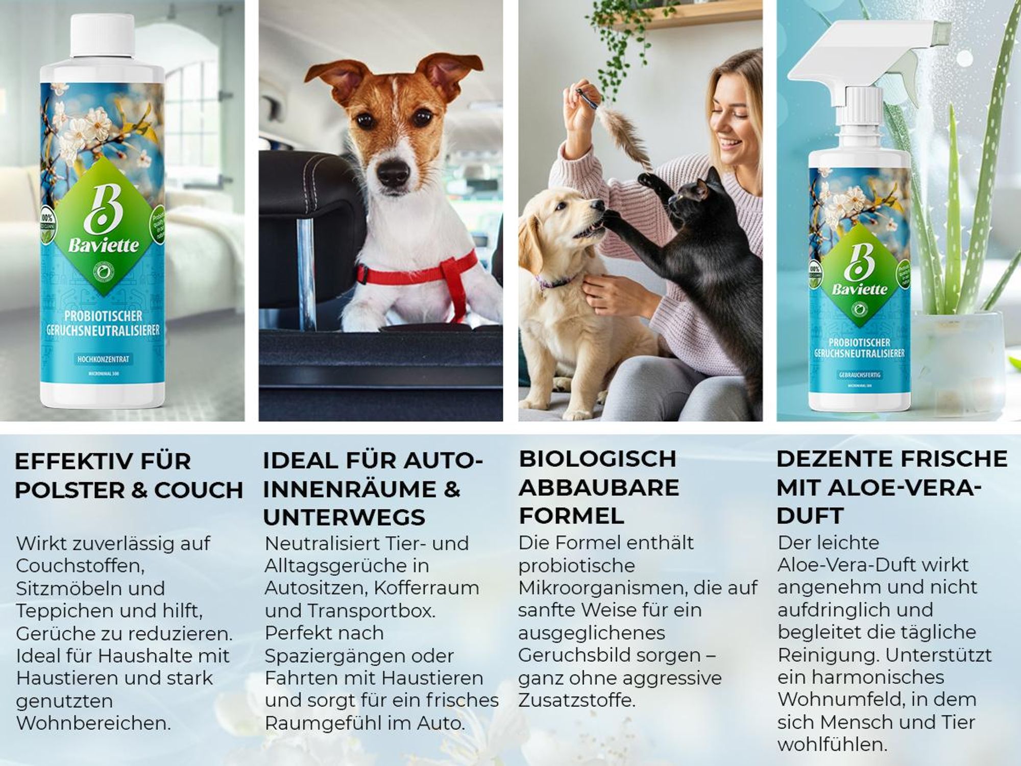 Baviette Geruchsneutralisierer 500 ml Konzentrat – gegen Tiergerüche & Alltagsgerüche in Haushalt, Teppich, Polster & Auto
