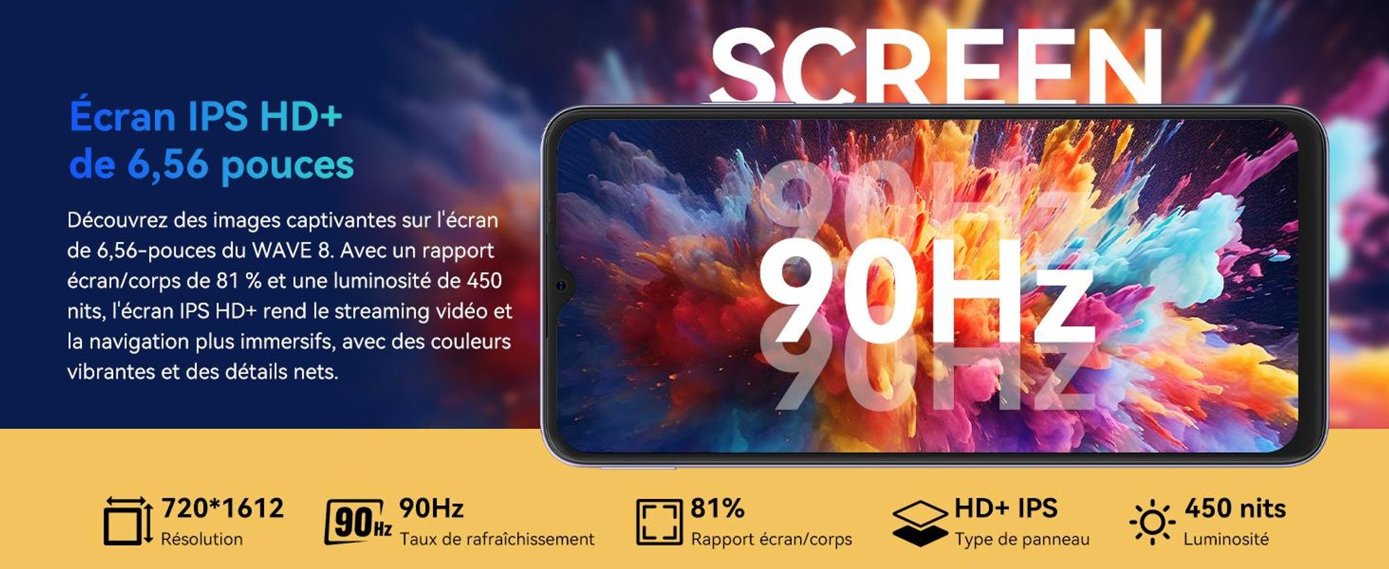 Téléphone portable Blackview Wave 8 AI sans abonnement, écran IPS HD+ de 6,56 pouces, 12 Go de RAM + 128 Go de stockage, processeur octa-core, batterie de 5 000 mAh, appareils photo 13 MP + 8 MP, double SIM, Face ID, 1080p FHD