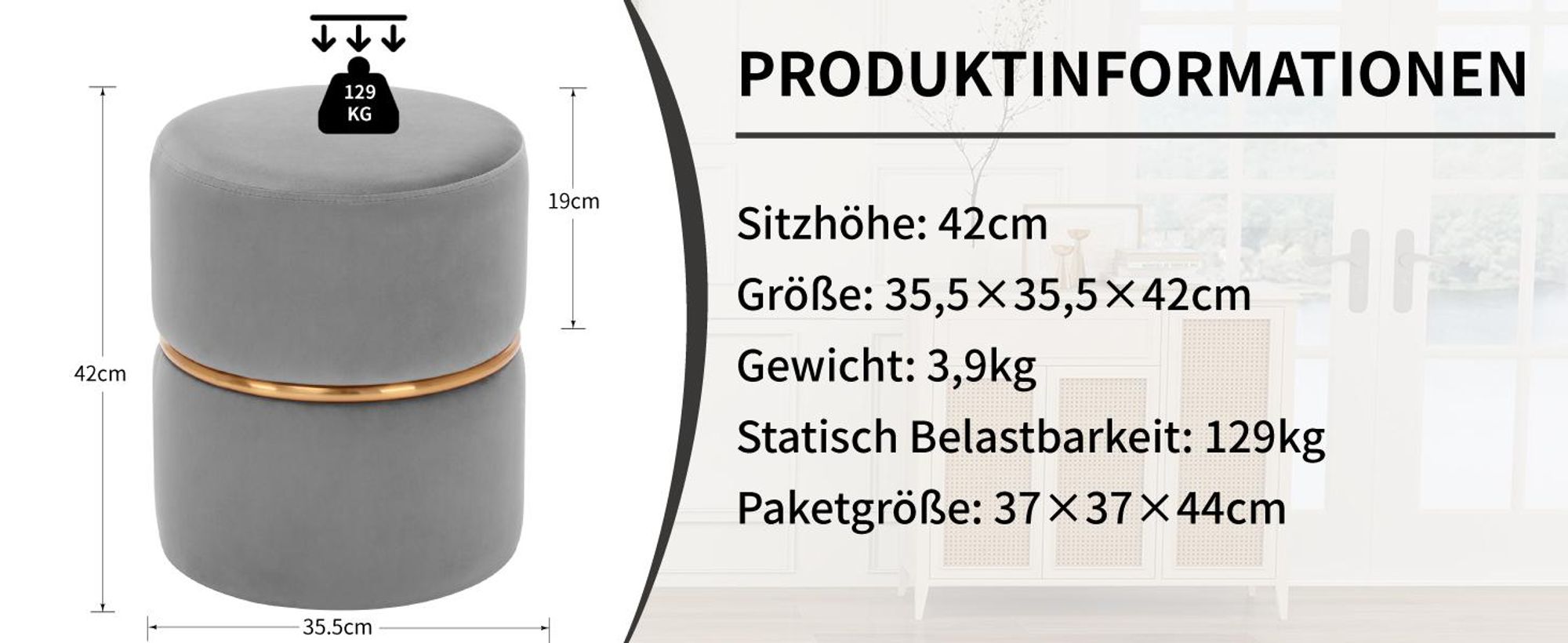 Duhome Samt Sitzhocker Gepolsterter Ottoman Rund Polsterhocker für Schlafzimmer Wohnzimmer Hauseingang Flur, Grau