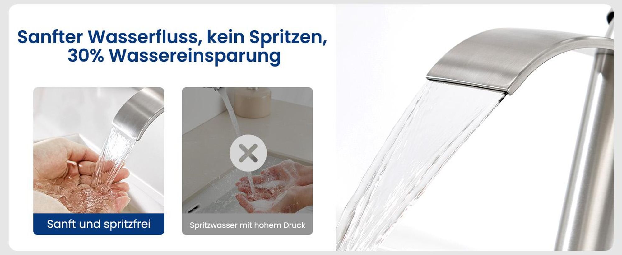 Wasserfall Waschtischarmatur, 304 Edelstahl Gebürstet, Bleifrei Kalt Warm, Cecipa, Badarmatur Mischbatterie, Wasserhahn Bad, Waschbeckenarmatur Silber
