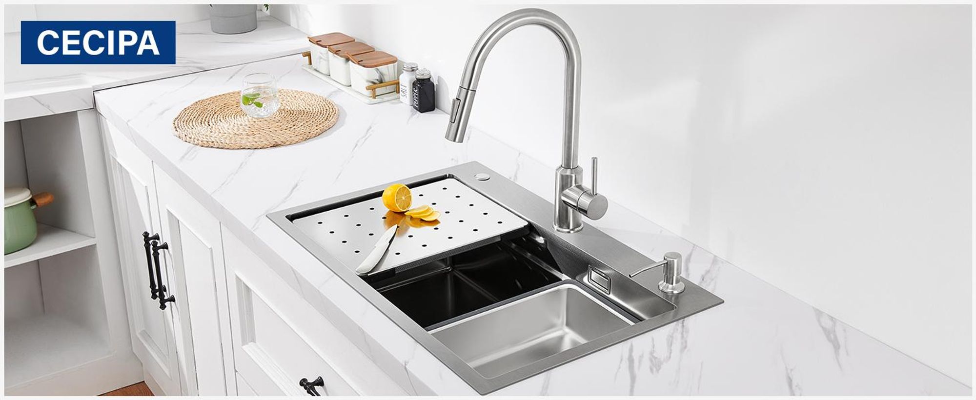 Cecipa Edelstahlspüle 70x45 cm Küchenspüle mit Stufe & Zubehör, Einbauspüle Edelstahl Silbern, Hitzebeständig Kratzfest, Spülbecken mit Siphon