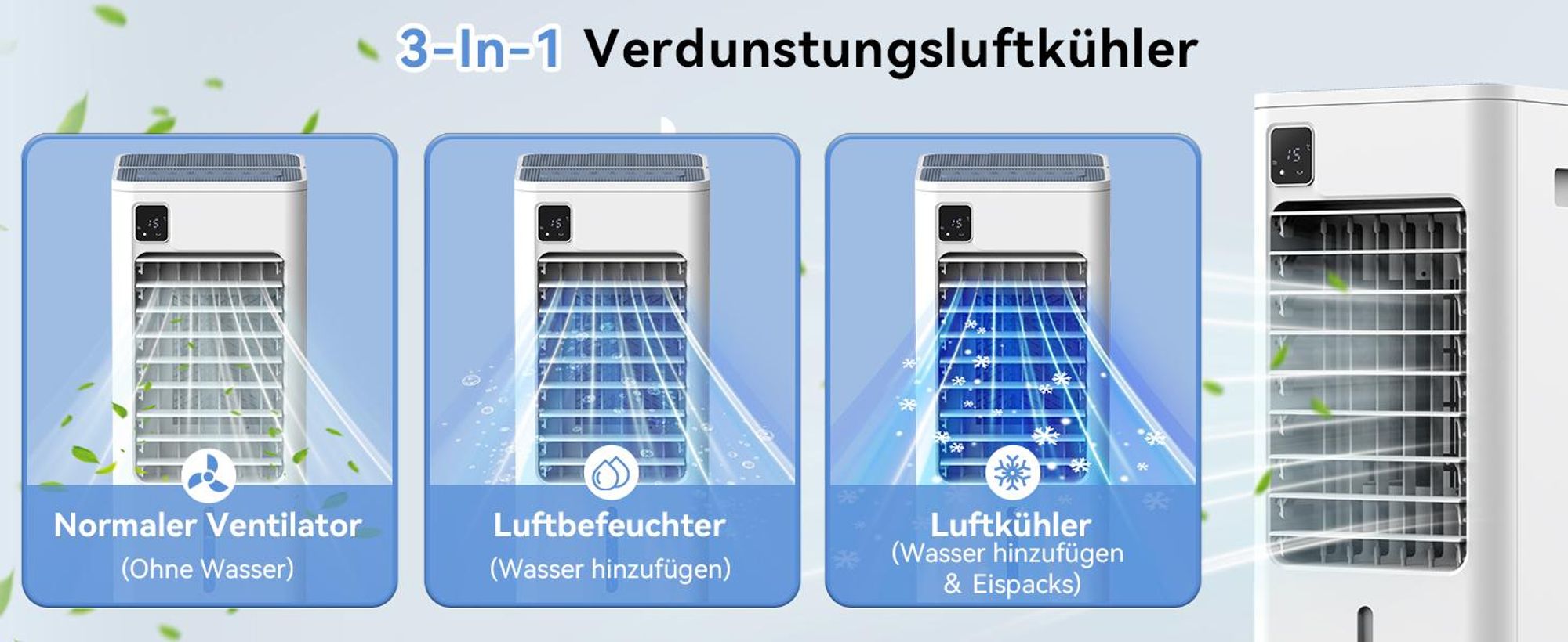 Puluomis 3 in 1 Luftkühler mit 3 Geschwindigkeiten 8L, 12h Timer und Fernbedienung Ventilator mit Wasserkühlung Mobile Klimageräte für bis zu 25m²