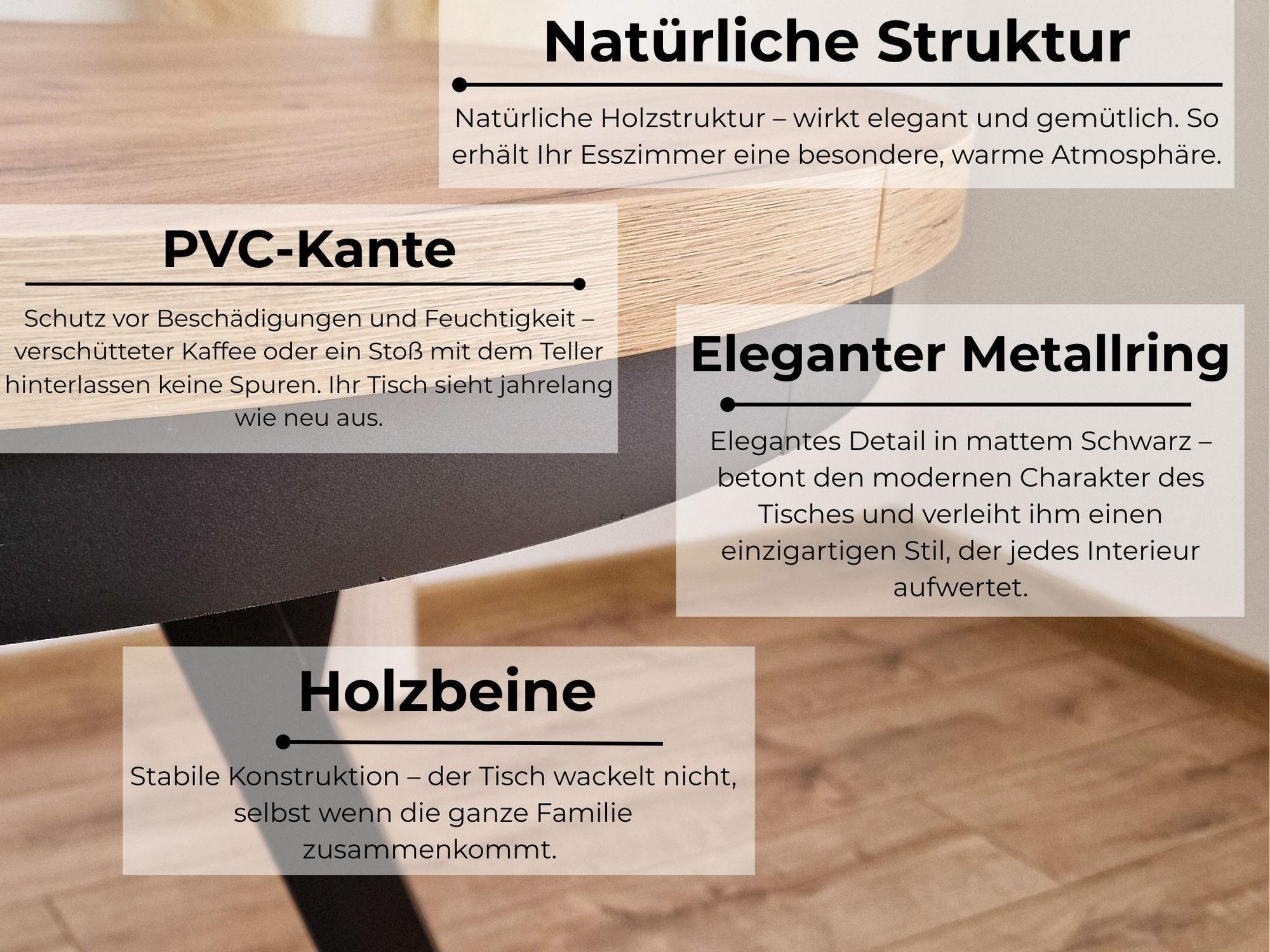 Ottavio Runder Ausziehbarer Esstisch Ø 100 / 150 / 200 cm, Platz für 4–10 Personen Skandinavisches LOFT Design Craft Goldoptik Schwarze Holzbeine mit Schwarzer Metallumrandung