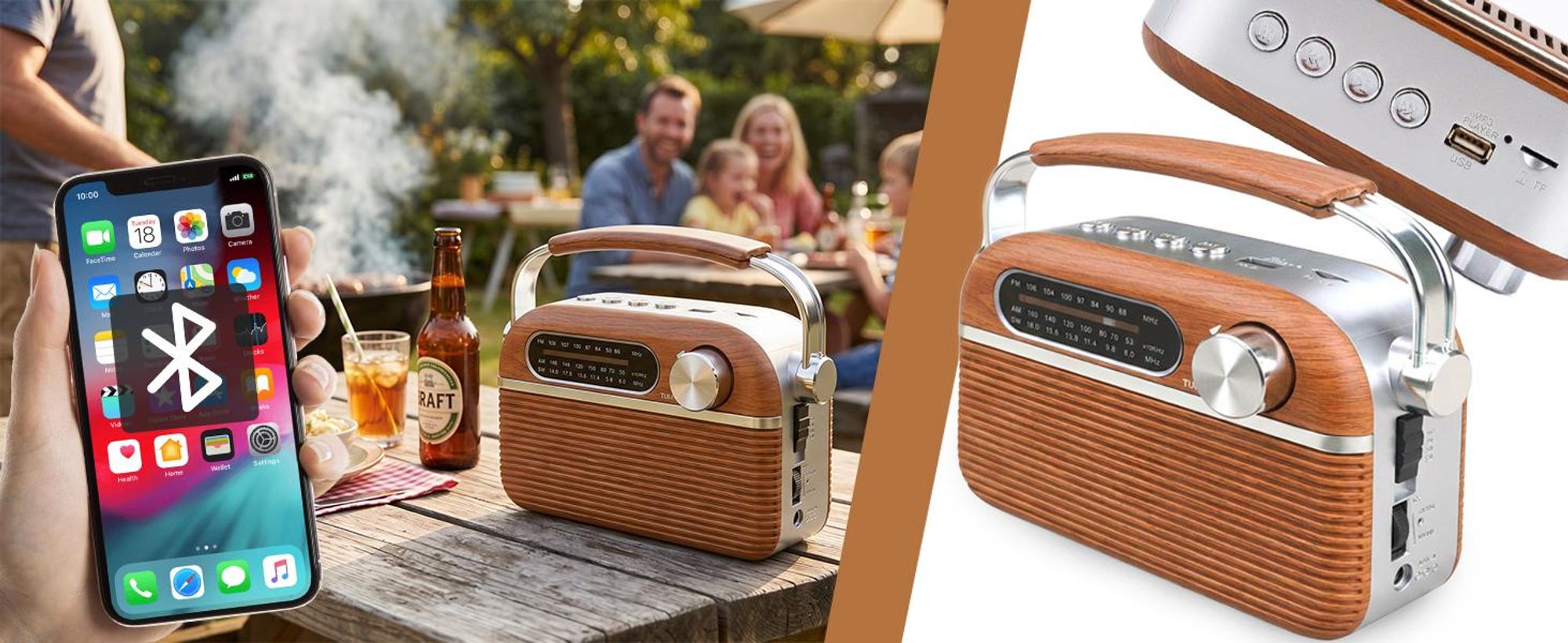 Retro Radio Lautsprecher Vintage Radio 1200 mAh Tragbares FM AM SW Küchenradio Retrofür Büro Zuhause Kofferradio Holz Retoo