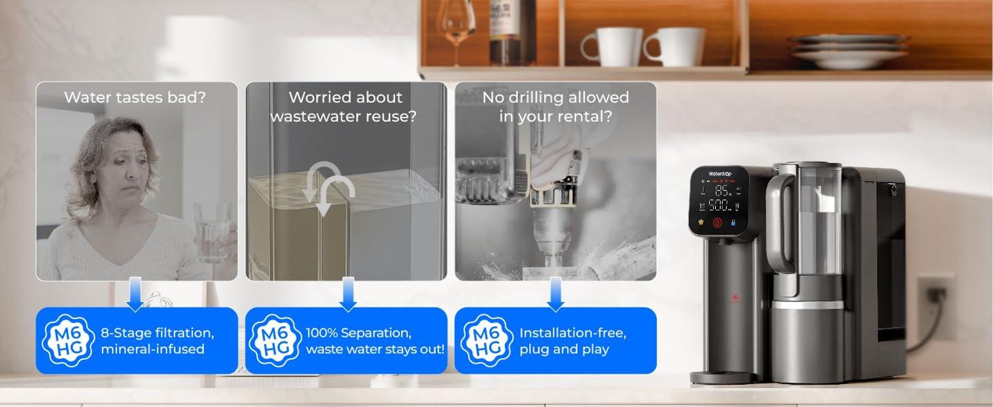 Waterdrop M6HG Sofort-Heißwasser Umkehrosmose System, 8-Stufiger, 3:1 Reinwasser-/Abwasserverhältnis, 5 Temperaturstufen, mit Glaskanne