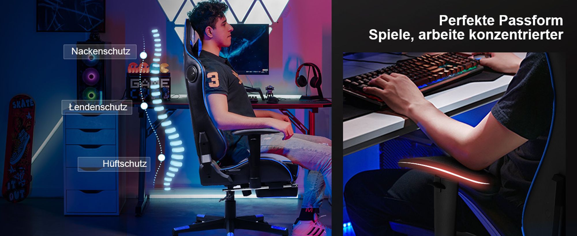GTPLAYER Gaming Stuhl Mit Bluetooth Hi-Fi Stereo Musik Lautsprecher, Bürostuhl Schreibtischstuhl, Ergonomisches Design Multi-Funktion(schwarz-blau)