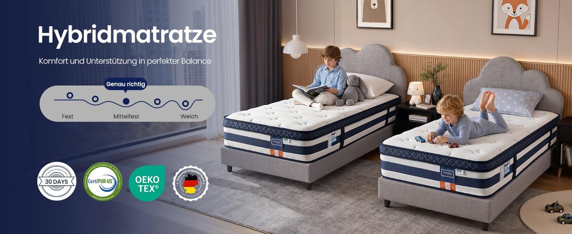 VASAGLE 7-Zonen Taschenfederkernmatratze mit Gel-Memory-Schaum, H3 Mittelfest, 90 x 200 x 25 cm, Blau