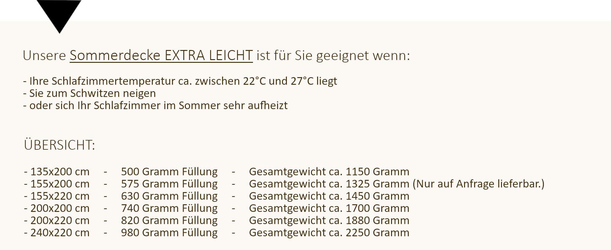 Größen- und Füllmengenübersicht der Extra Leicht Decke.