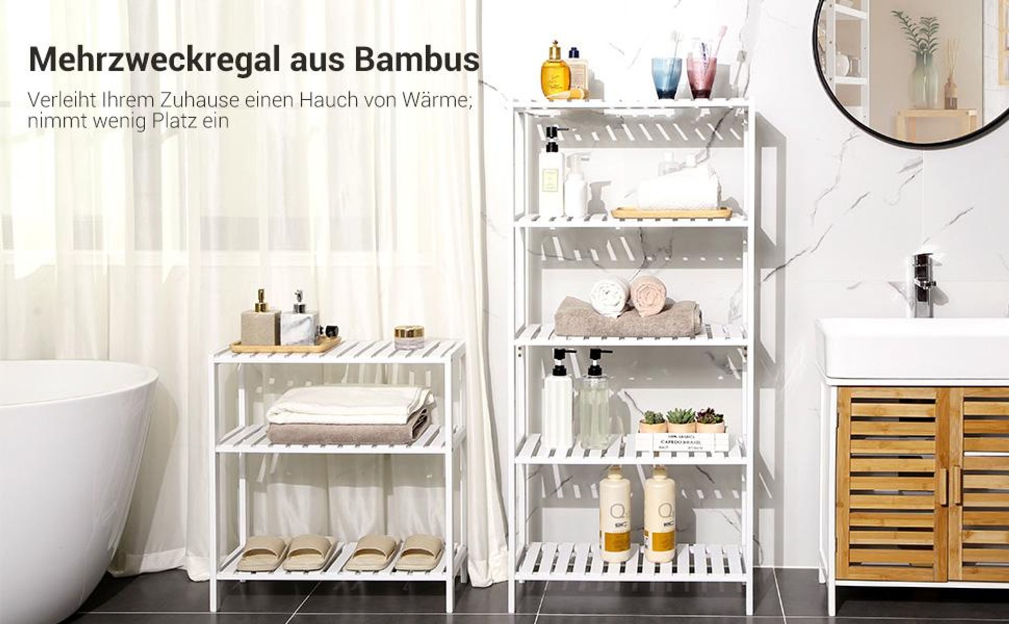 SONGMICS Badregal Bücherregal, 5 Ebenen, stufig höhenverstellbar, Bambus