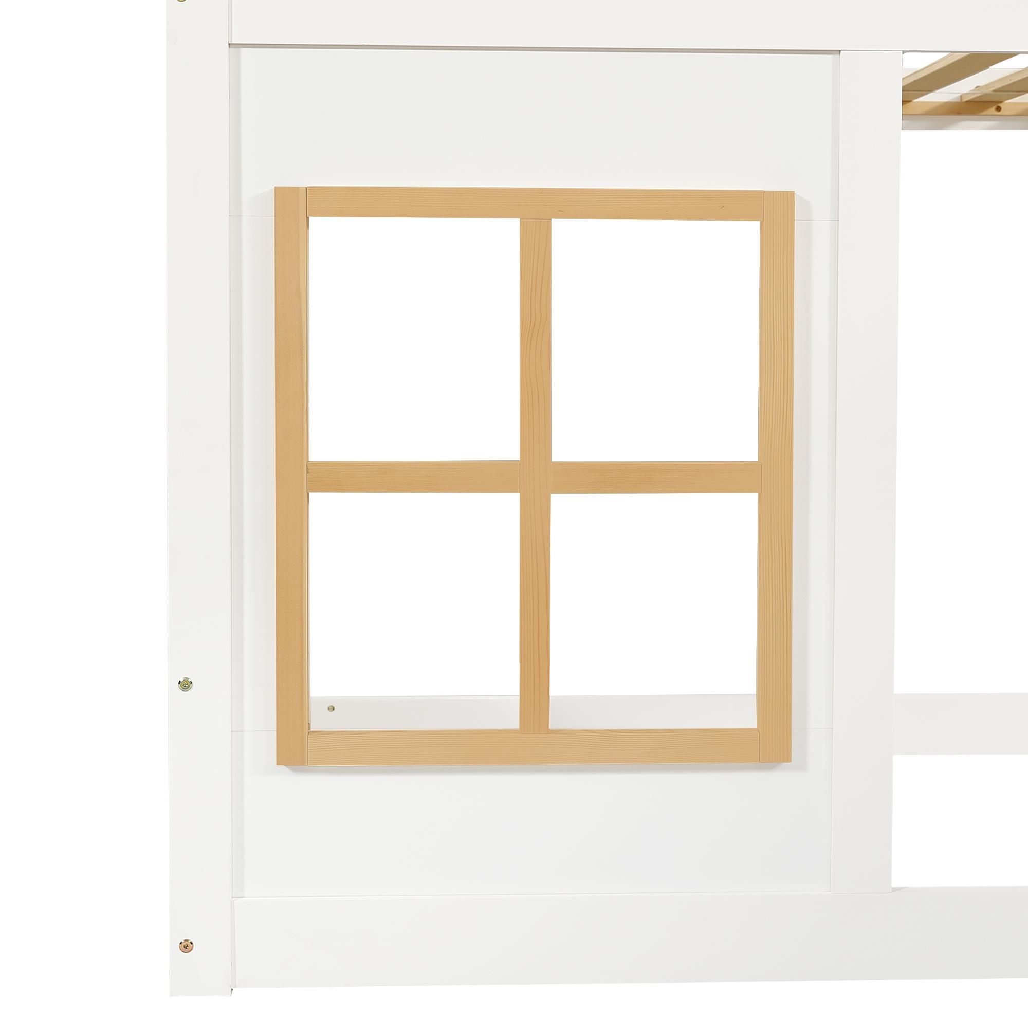 Flieks Etagenbett 90x200cm mit Rausfallschutz, Kinderbett Hausbett mit Fenster, Hochbett Einzelbett mit Leiter, Stockbett Spielbett, Weiß