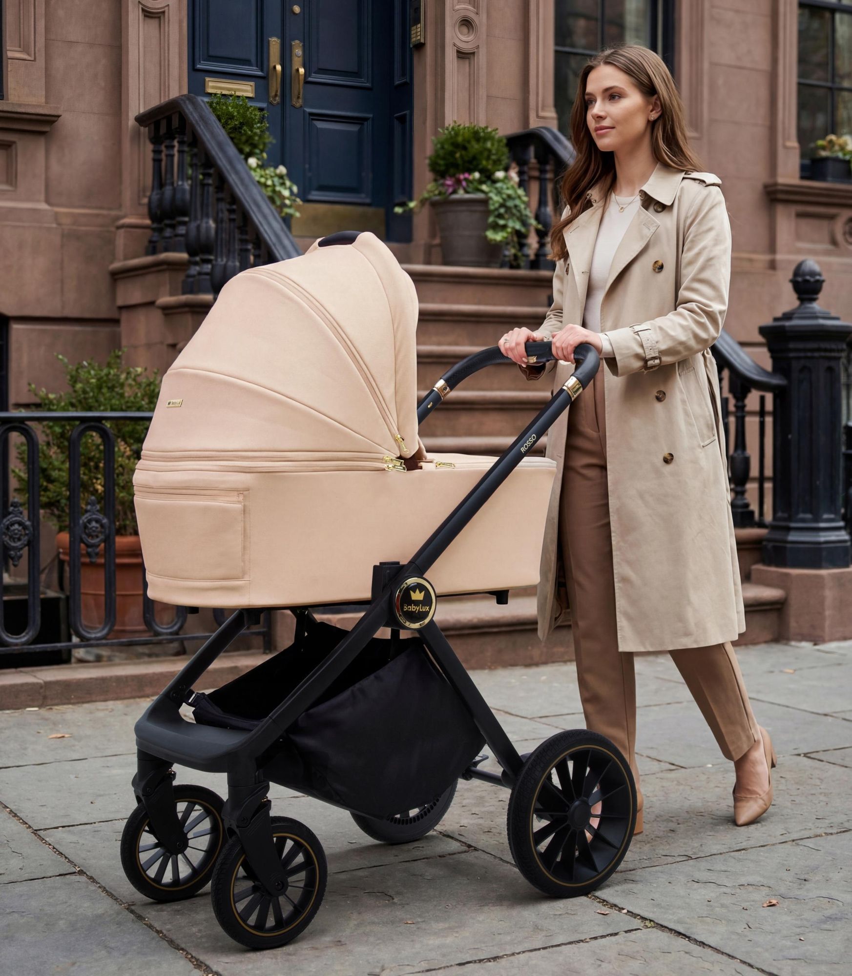 BabyLux® Kinderwagen 3in1 Set ROSSO, Beige Faltbar Leicht Kombikinderwagen Set incl. Babywanne, Buggy Sportsitz, Babyschale i-Size, Wickeltasche