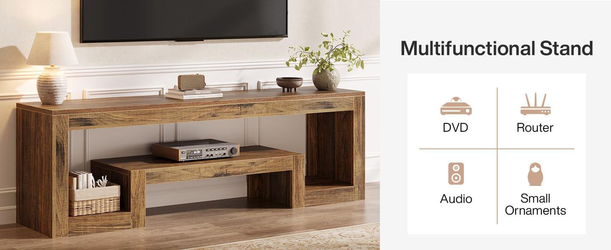 Tribesigns 63 Zoll TV-Ständer für 55/60/65/75 Zoll Fernseher, TV-Schränke & TV-Tische, Farmhouse Entertainment Center mit offenen Ablageflächen, rusti