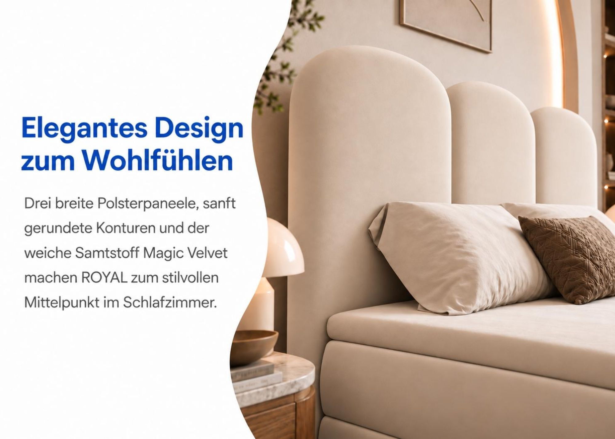 Nahaufnahme des ROYAL-Kopfteils mit drei abgerundeten Polsterpaneelen aus Magic Velvet