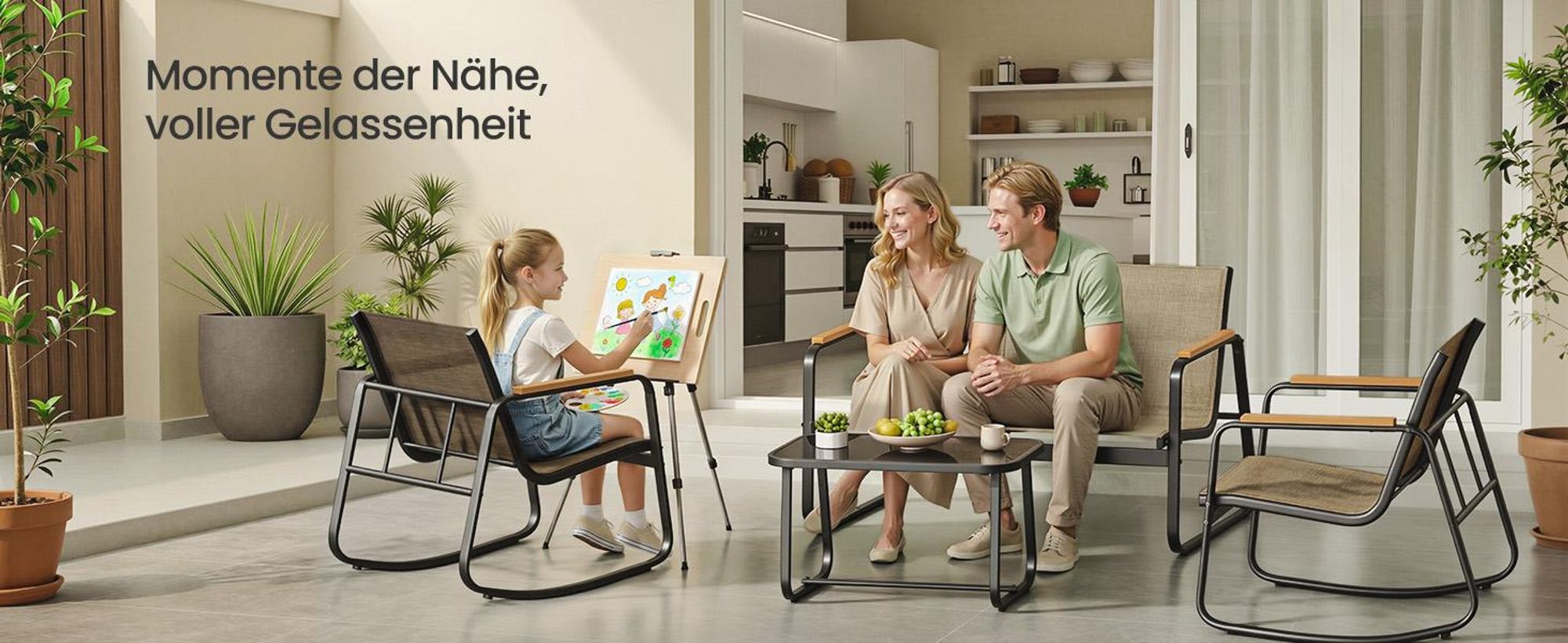 SONGMICS Gartenmöbel-Set, Balkonmöbel, 2 Schaukelstühle mit Tisch, Bank, Stahl, mit Armlehnen, atmungsaktiv, braun