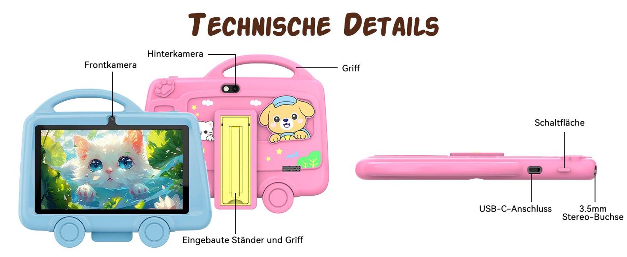 Tabwee K8 Kinder Tablet 7" , robuste Schutzhülle mit Griff und Ständer, Elternkontrolle, 4GB+32GB, Lern- & Spieltablet für Kinder von 3 bis 7 Jahren
