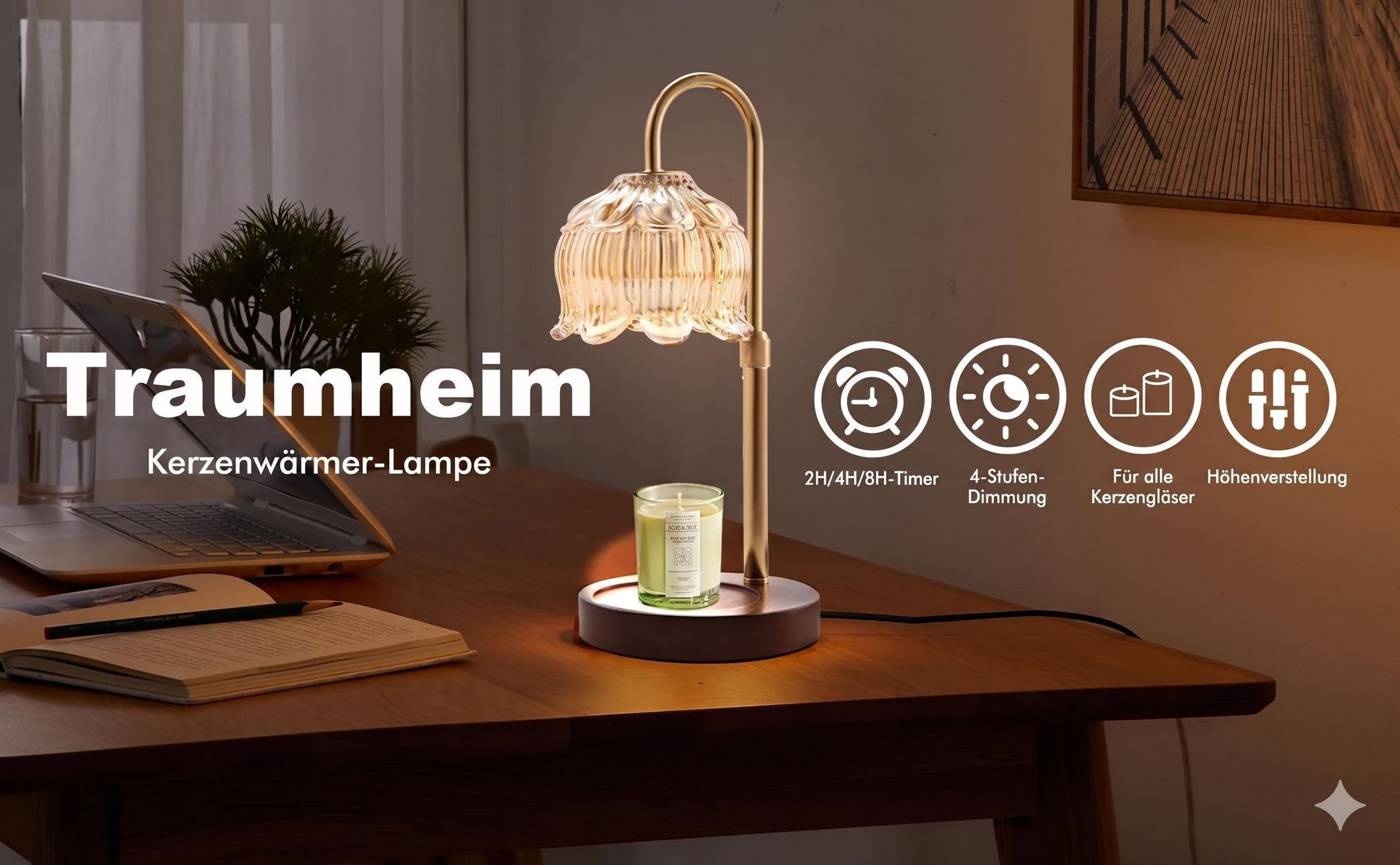 Duftkerzenwärmerlampe mit Timer & Dimmer, Höhenverstellbare Elektrische Duftlampe inkl. 2 Birnen, Flammenlose Kerzenleuchte, Geschenk zum Muttertag