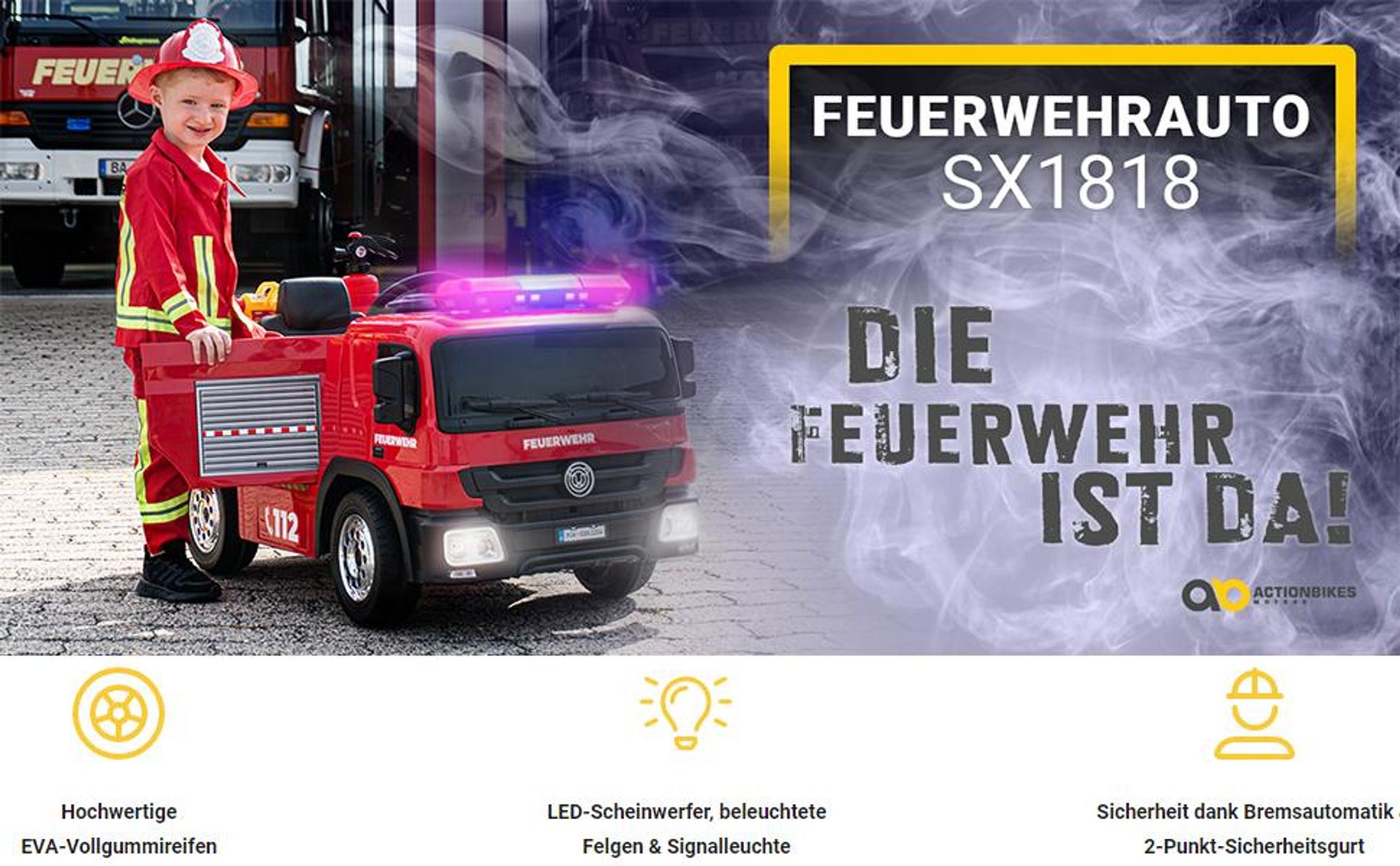 Actionbikes Motors Elektro Feuerwehr Auto| Feuerwehrauto Kinderauto - Bremsautomatik - Kinder Fahrzeug - Sirene & Blaulicht - Bluetooth - ab 3 Jahre