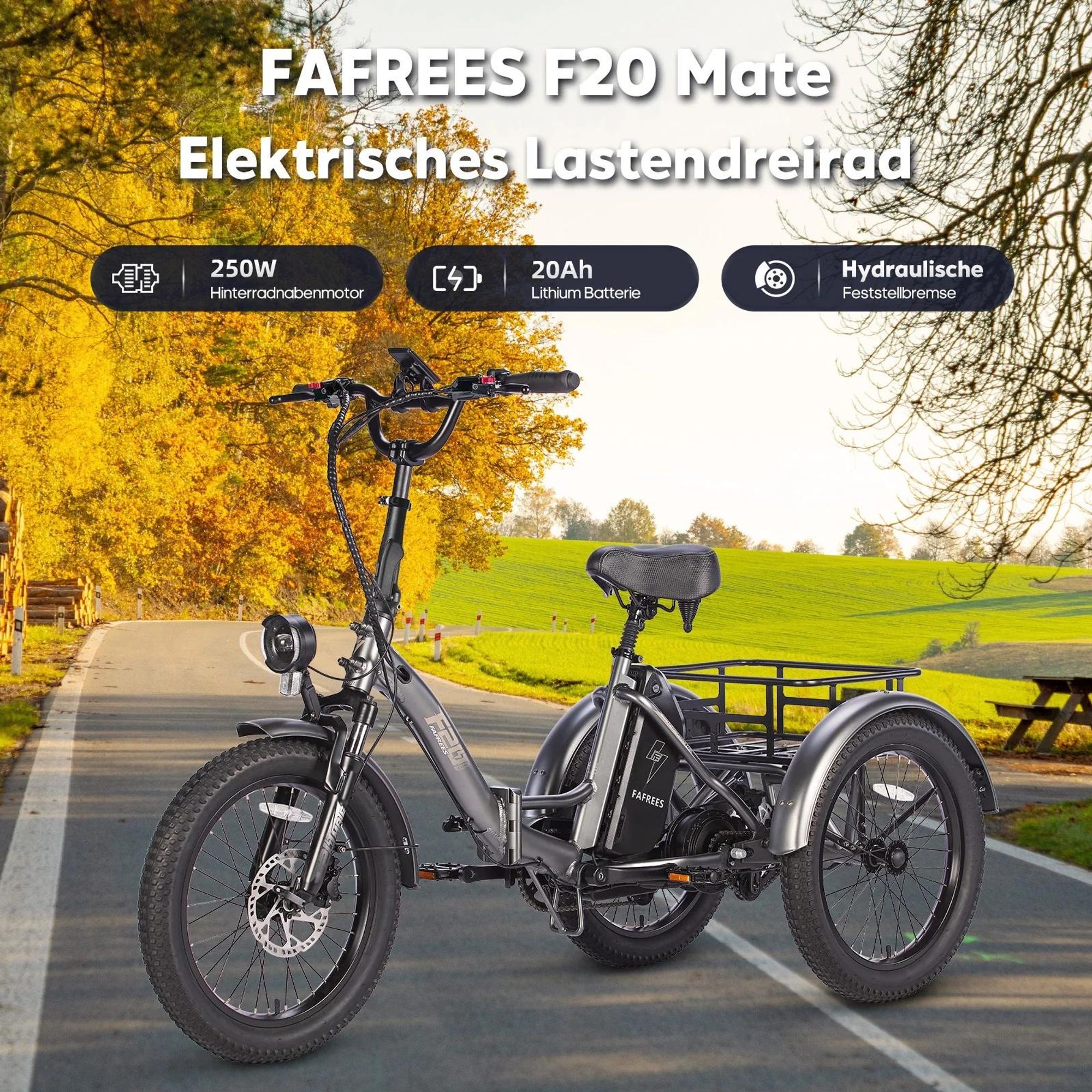FAFREES F20 Mate Elektrisches Lastendreirad - Motor 250W Akku 48V20Ah 20" Reifen Hydraulische Scheibenbremse - Blau
