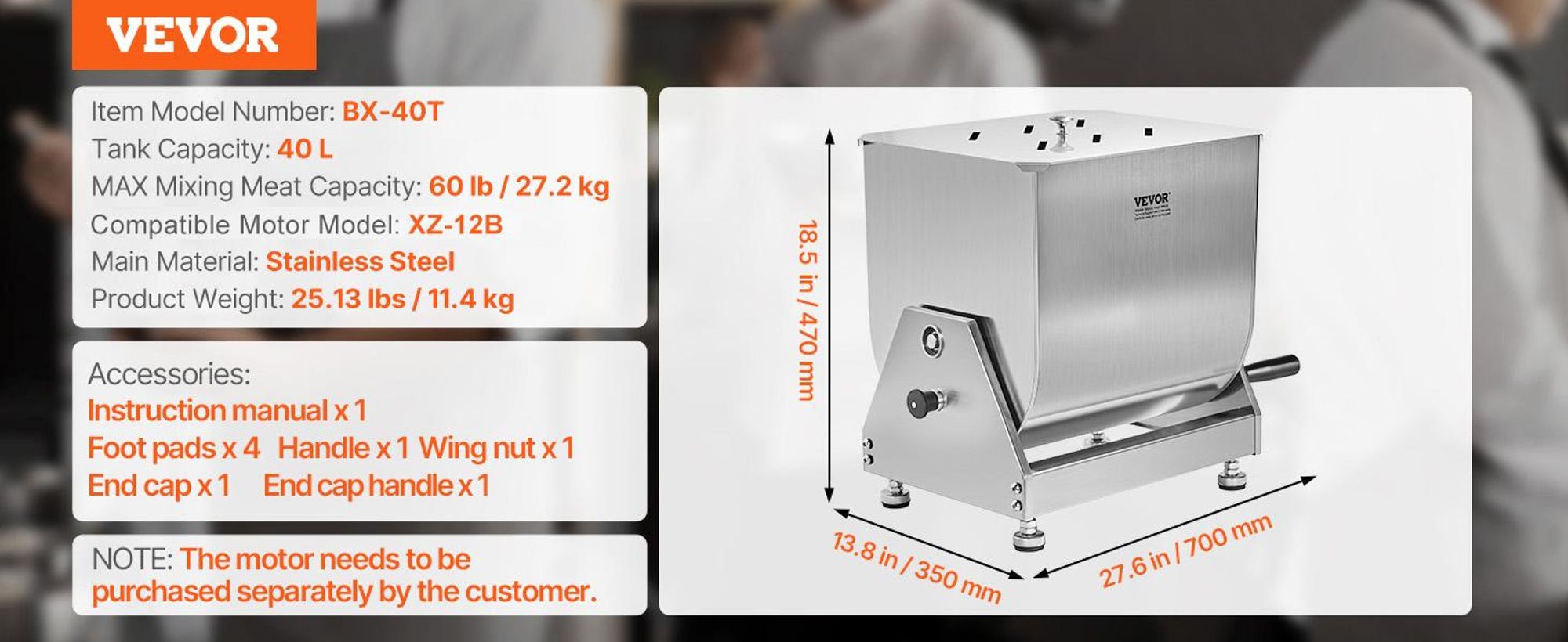 VEVOR Handbetriebs Fleischmischer, 80L Festtank Fleischverarbeitungsgerät (Maximale Mischung 80LBS für Fleisch), Edelstahl Fleischmischer, Wurstmischmaschine mit Deckel, Handgetriebe, Hackfleisch Handmischer, 40 L-a