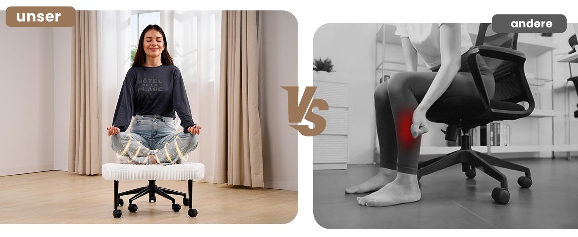 Bürostuhl für Schneidersitz, Ergonomischer Cross-Leg-Stuhl, 360° drehbar, höhenverstellbar, mit Rückenlehne, Weiß, Cord stoff Weiß