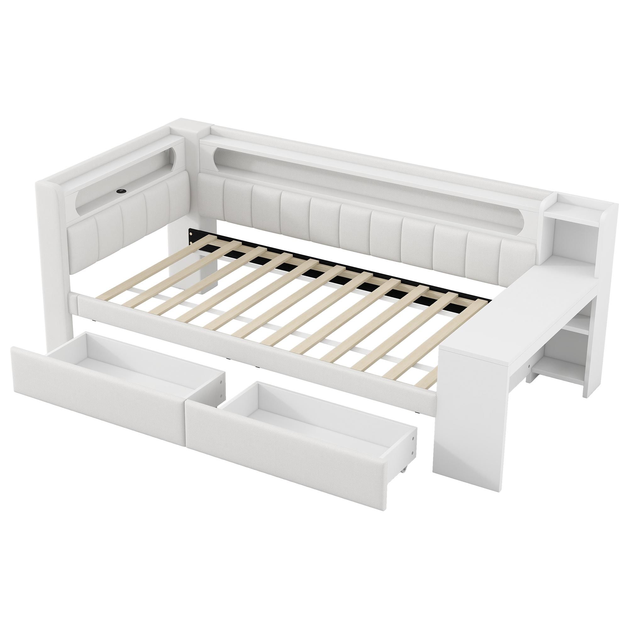 Merax Tagesbett 90x200 mit 2 Schublade, USB-Anschluss, LED, Schreibtisch, Stauraum, Schlafsofa Kinderbett mit Leinenkissen, Weiß