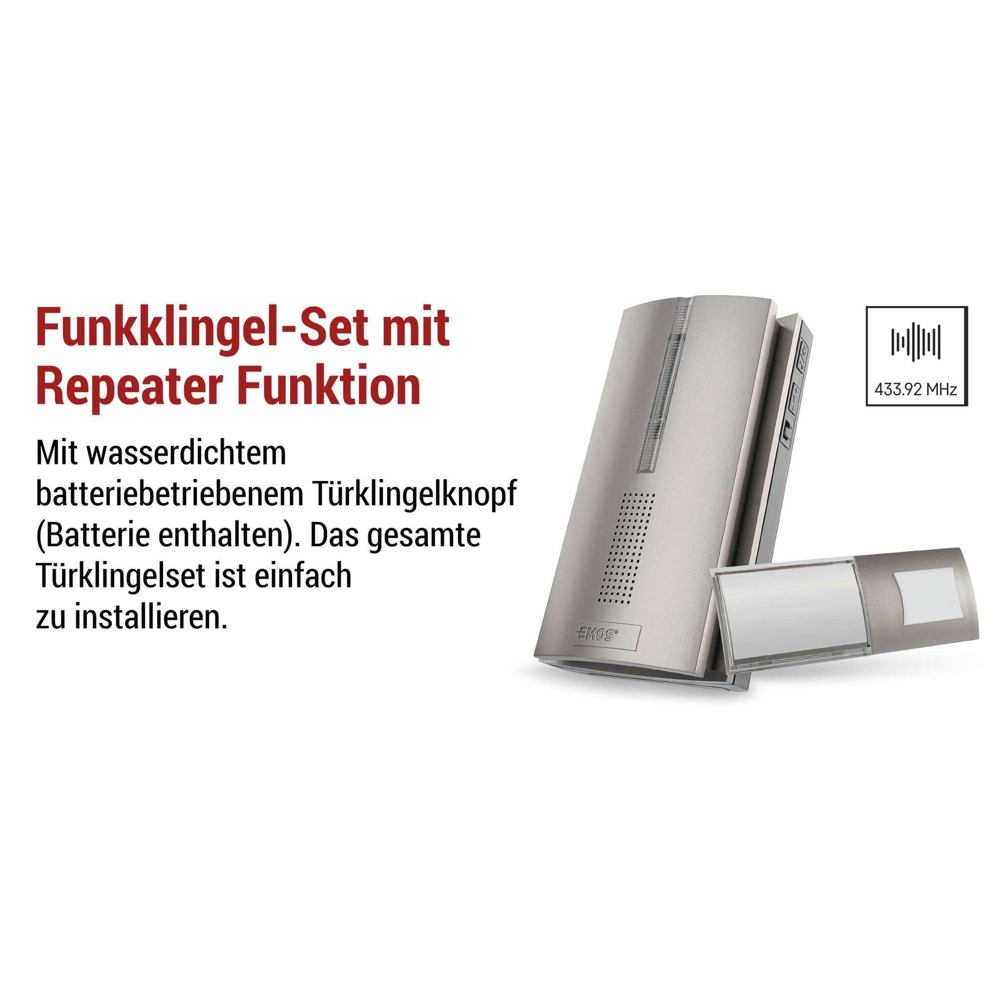 EMOS Kabellose Türklingel Set mit Repeater Funktion, unbegrenzte Reichweite, 5 Lautstärken bis 85dB, LED-Anzeige, 16 Melodien, batteriebetrieb, P5763N