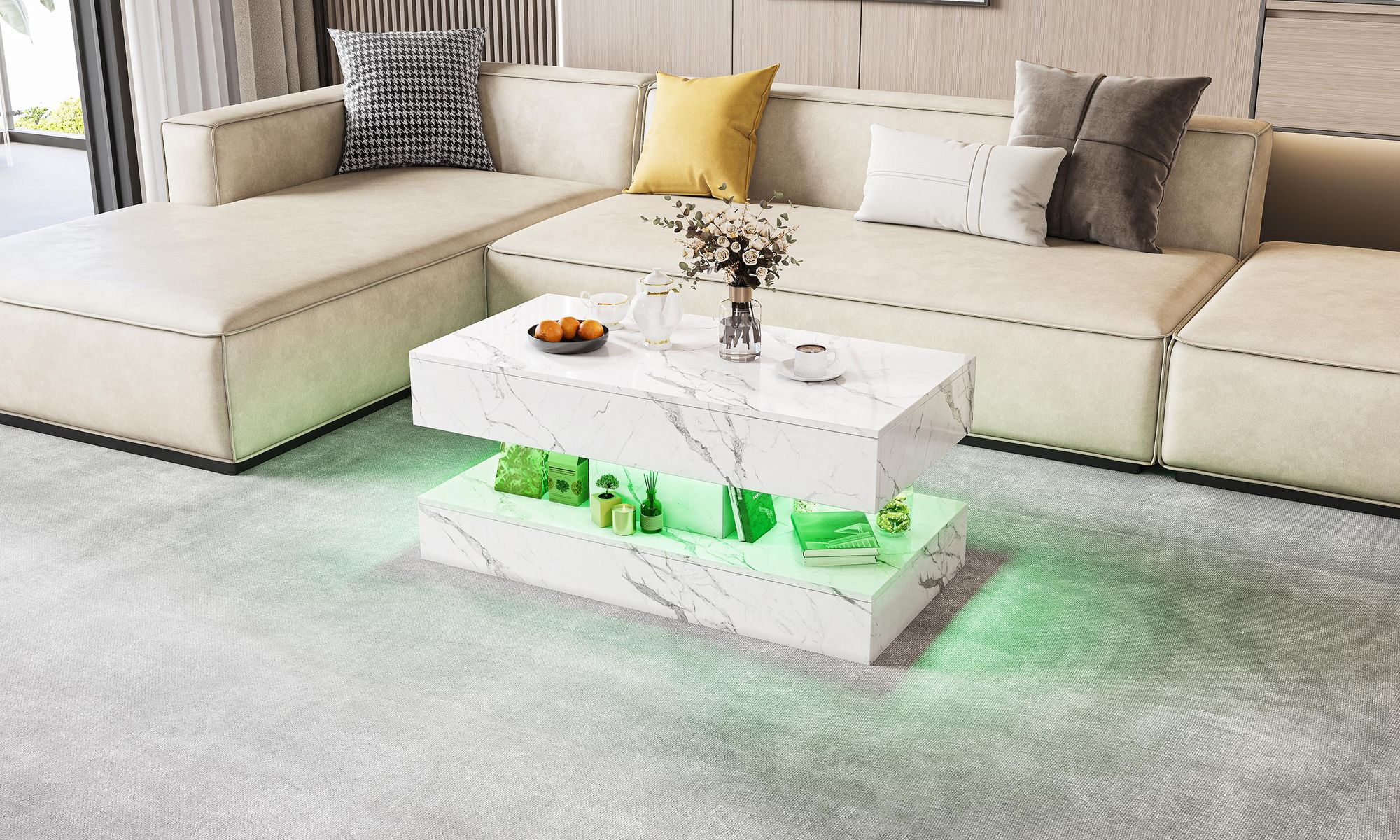 INONEFT Couchtisch mit LED und verstecktem Stauraum,2 Schubladen,Rechteckiger Hochglanz Beistelltisch,Wohnzimmertisch,Weiß