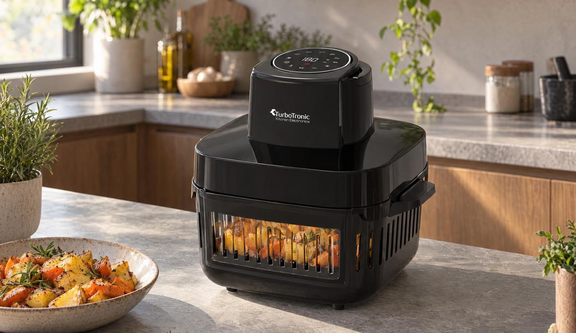 AFG6 Glas-Airfryer in Schwarz auf einer Küchenarbeitsfläche