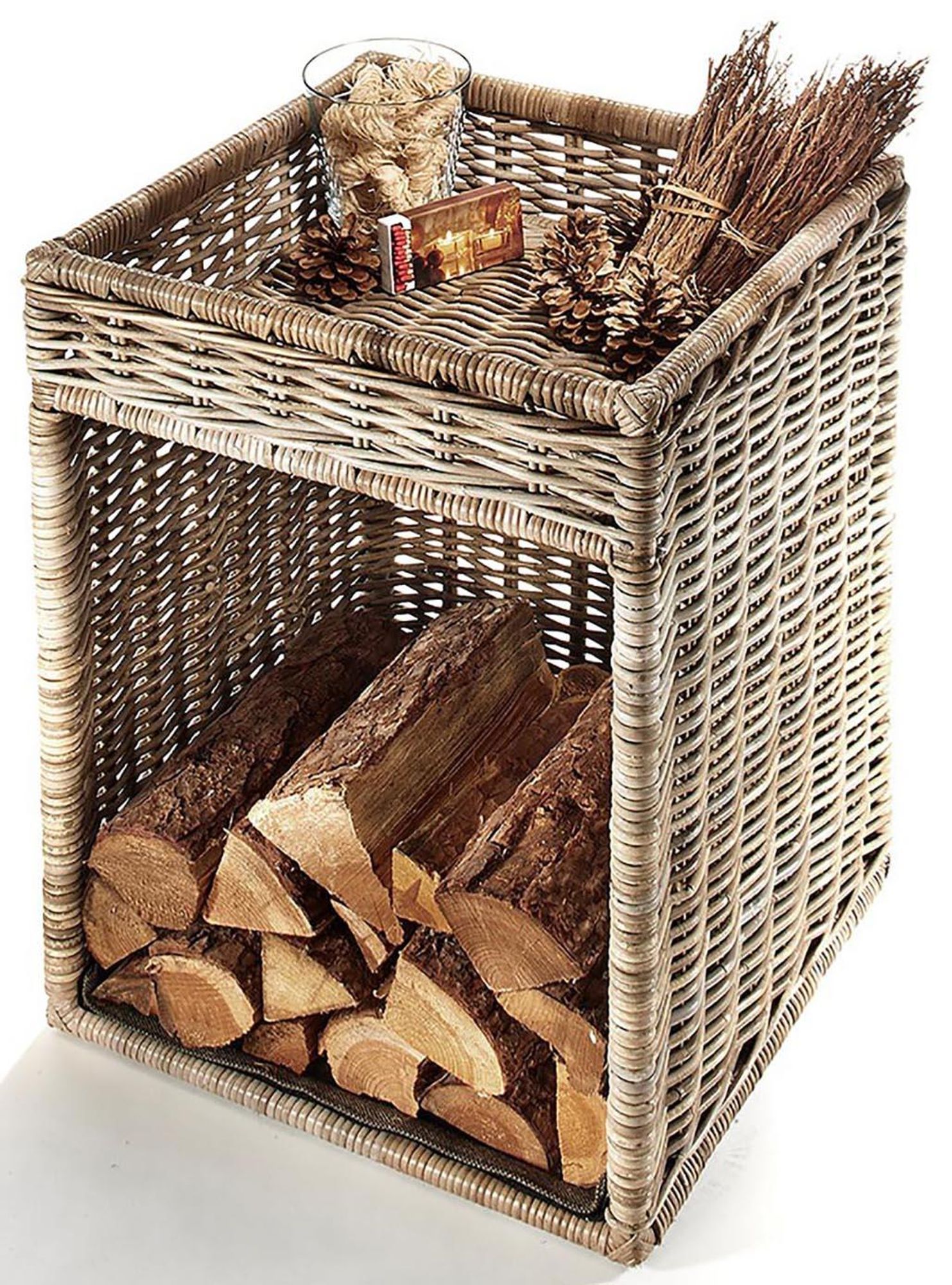 Kobolo Kaminholzregal für Kaminholz - mit Ablagefläche - Rattan grau - 50x50x70 cm