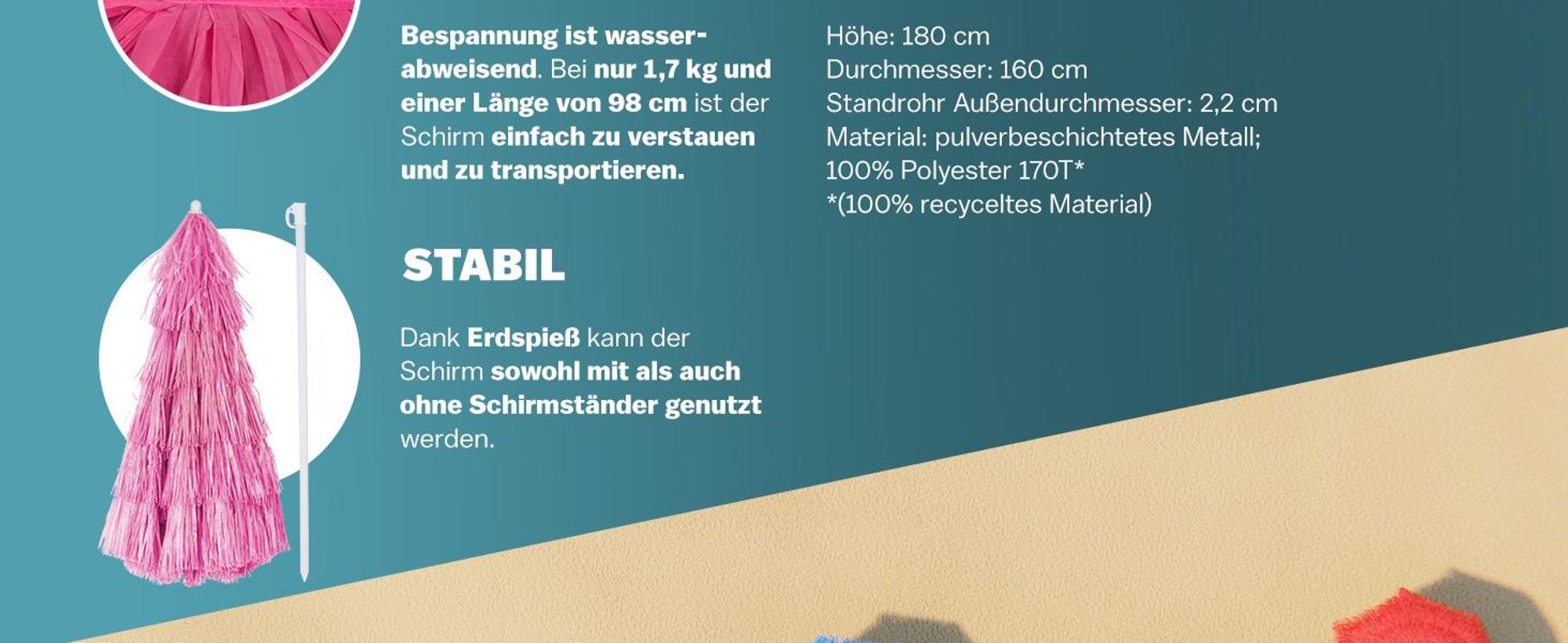 KINGSLEEVE® Sonnenschirm Hawaii Ø160cm Neigbar Höhenverstellbar UV Schutz 30+ Groß Rund Balkon Strand Strohschirm Strandschirm Bast Hawaiischirm Pink