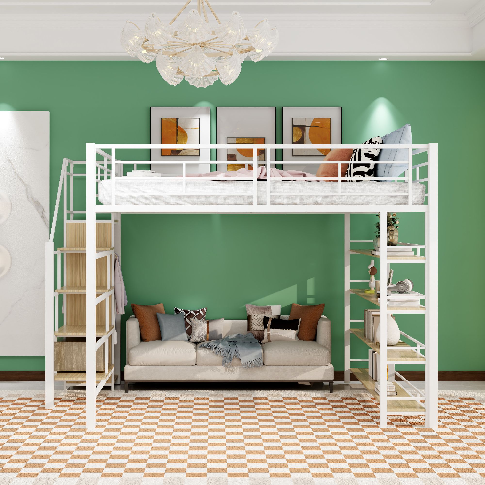 Bett mit Kleiderschrank, Regal und Treppe