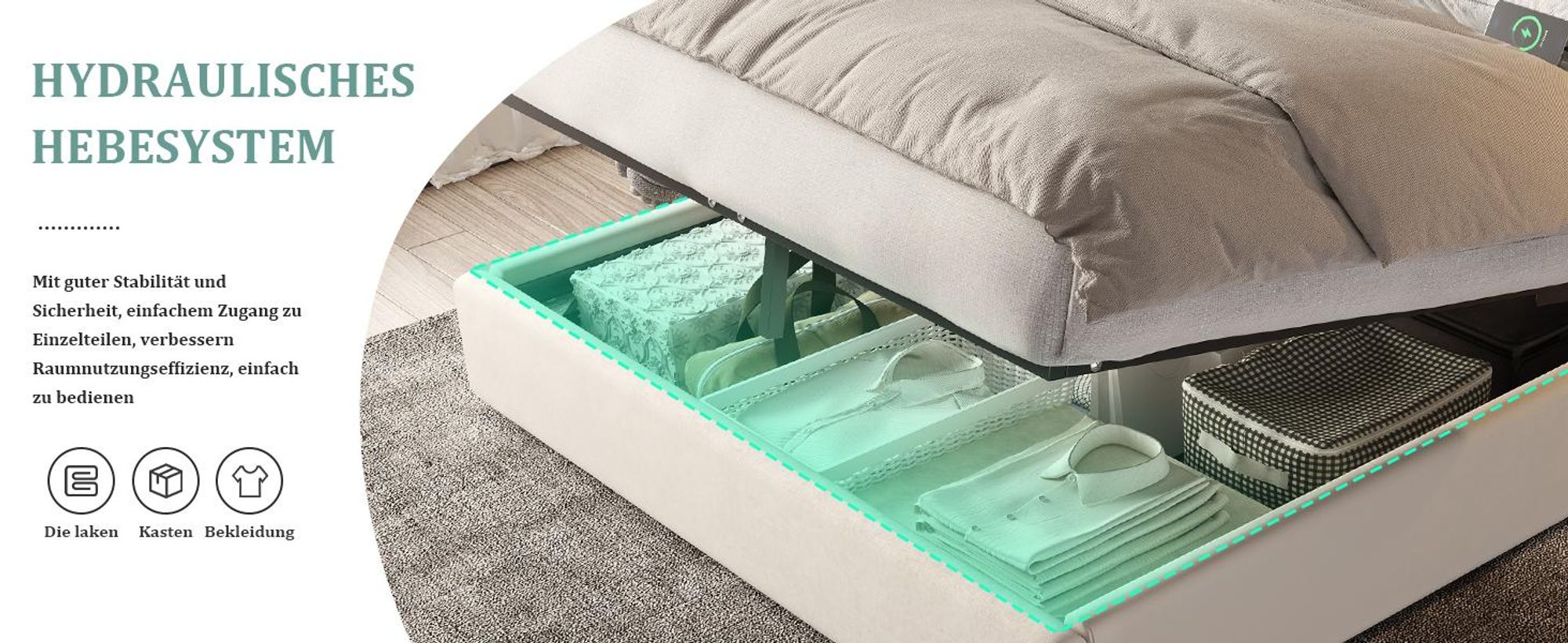 LVHOM Polsterbett 180x200 cm mit Leselampen und USB, Hydraulisches Boxspringbett mit Bettkasten, Doppelbett Samt mit Lattenrost, Funktionbett, Beige