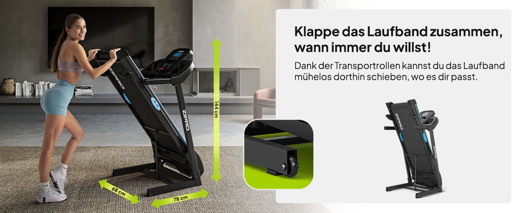 Zipro Tekno klappbares Laufband, 1080 W leiser Elektromotor, breite Lauffläche 40cm Laufband für Zuhause Klappbar mit Steigung SportRun Running Sport