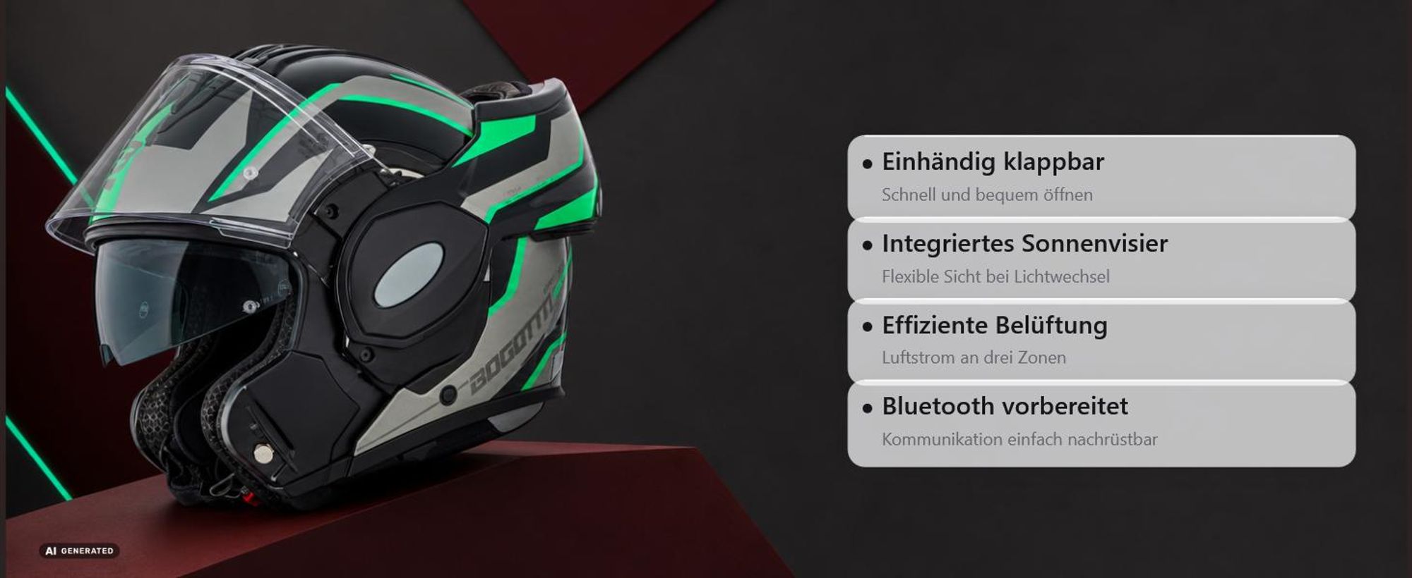 Bogotto FS-X600 Vyda Klapphelm, schwarz/grau/grün, XL