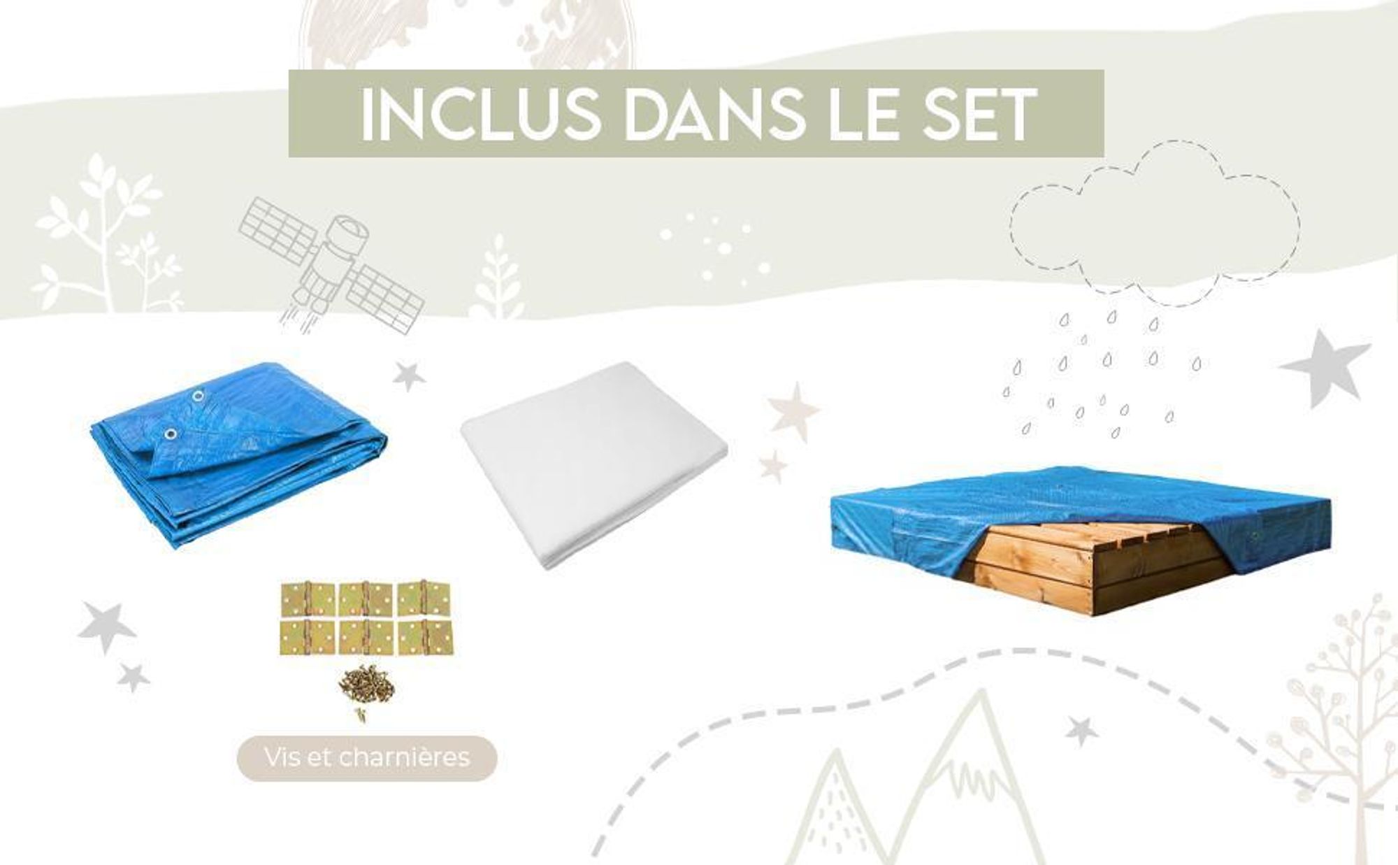 MAMOI Bac à sable avec couvercle 120x120 Bac à sable imprégné Bac à sable avec bancs Couverture de jouets en bois Bancs 150x150