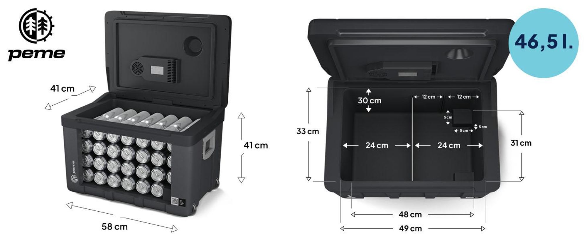 Peme Elektrische Kühlbox Essential 50L - Auto Camping Kühlschrank Trolley leise Wärmefunktion Minikühlschrank PKW LKW Reise Outdoor Kühlbox, Camping