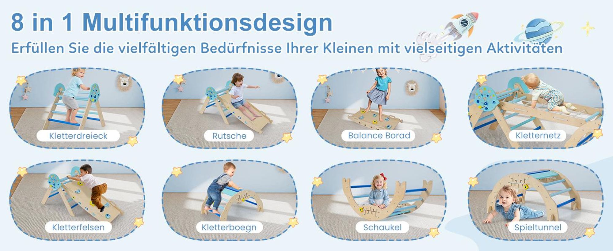 COSTWAY Klettergerüst Indoor 4er Set, klappabre Kletterdreieck mit Rutsche, Kletterbogen, Netz, doppelseitige Rampe, Baustein Set&2 Autos für Kinder3+
