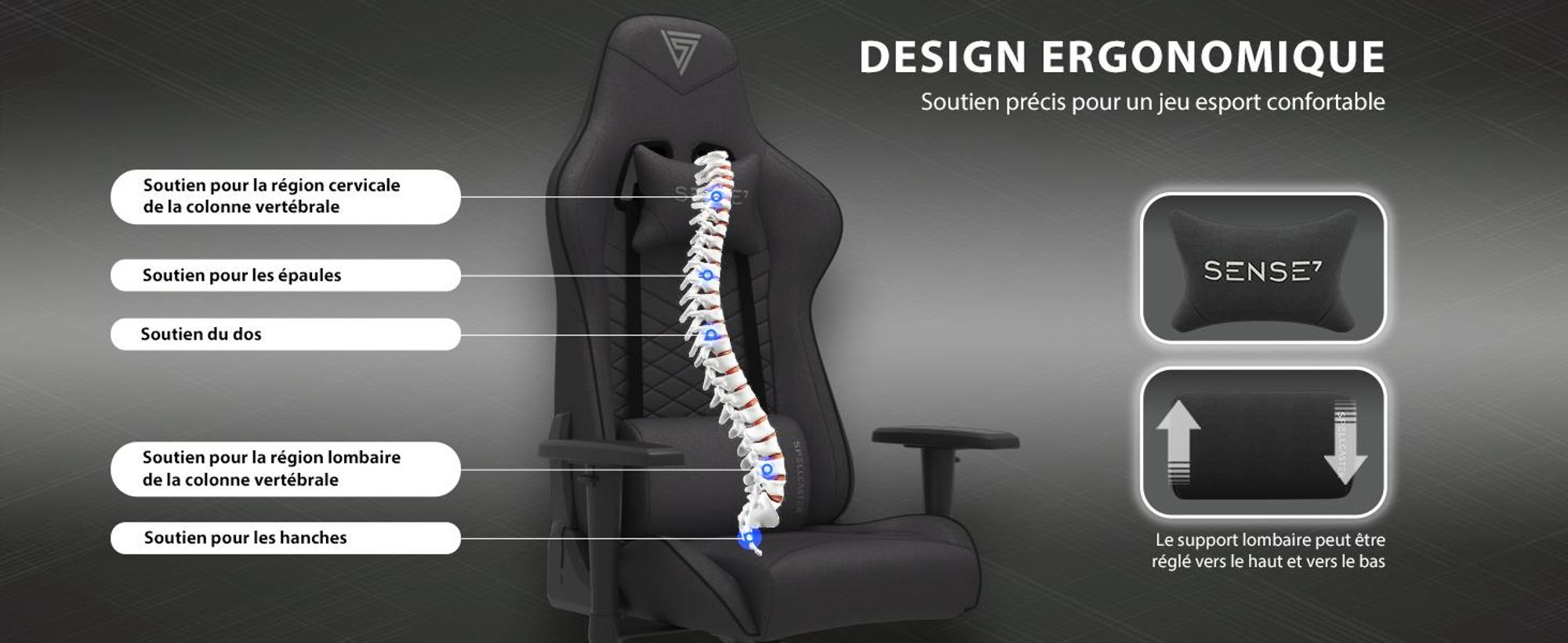 Chaise gaming SENSE7 Spellcaster en tissu noir - Chaise de bureau ergonomique Chaise de bureau PC Fauteuil gaming 150 kg Accoudoirs 2D Inclinaison 160°